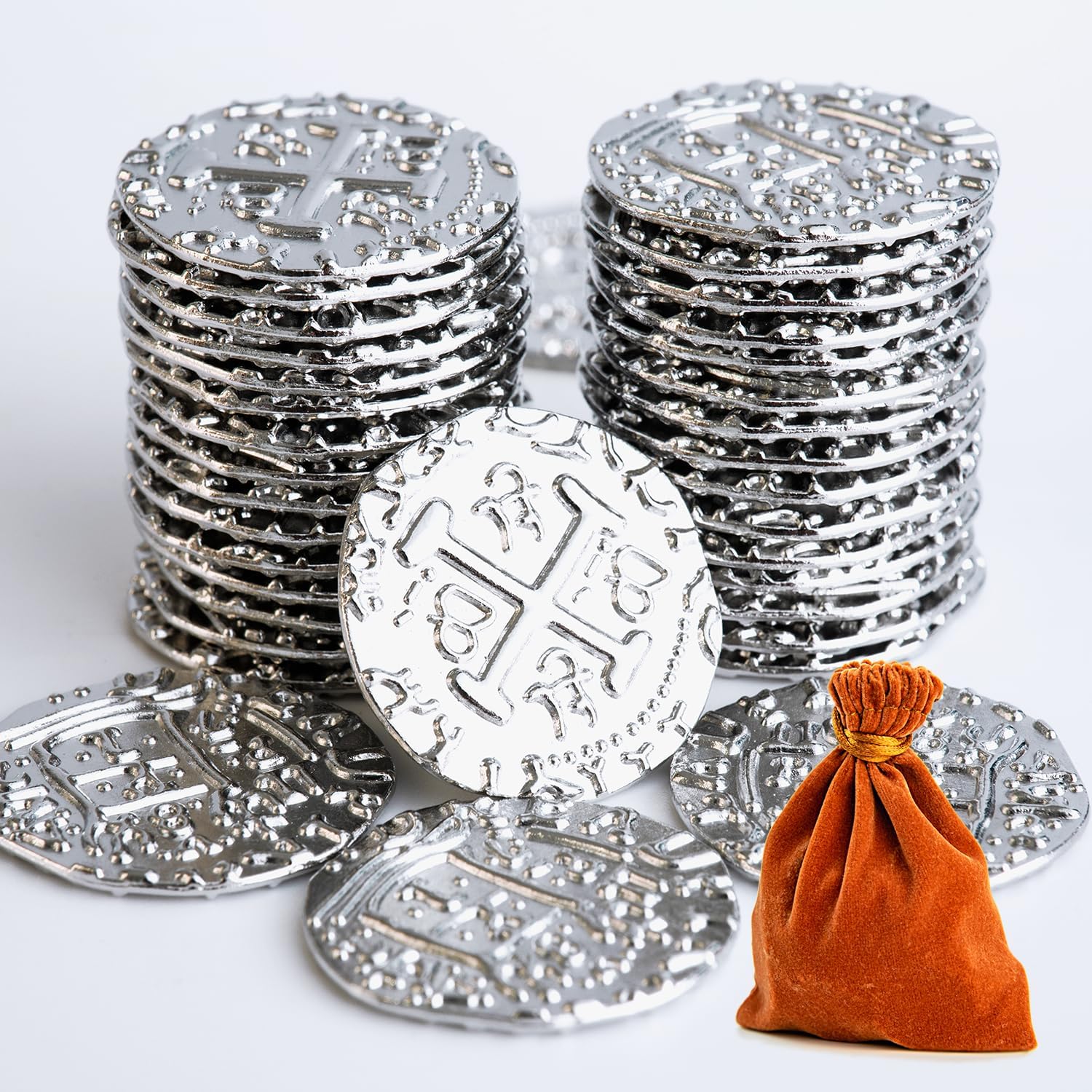 35 monedas de pirata de metal, juego de monedas del tesoro plateado, réplica de metal español para fichas de juegos de mesa, moneda de cofre del