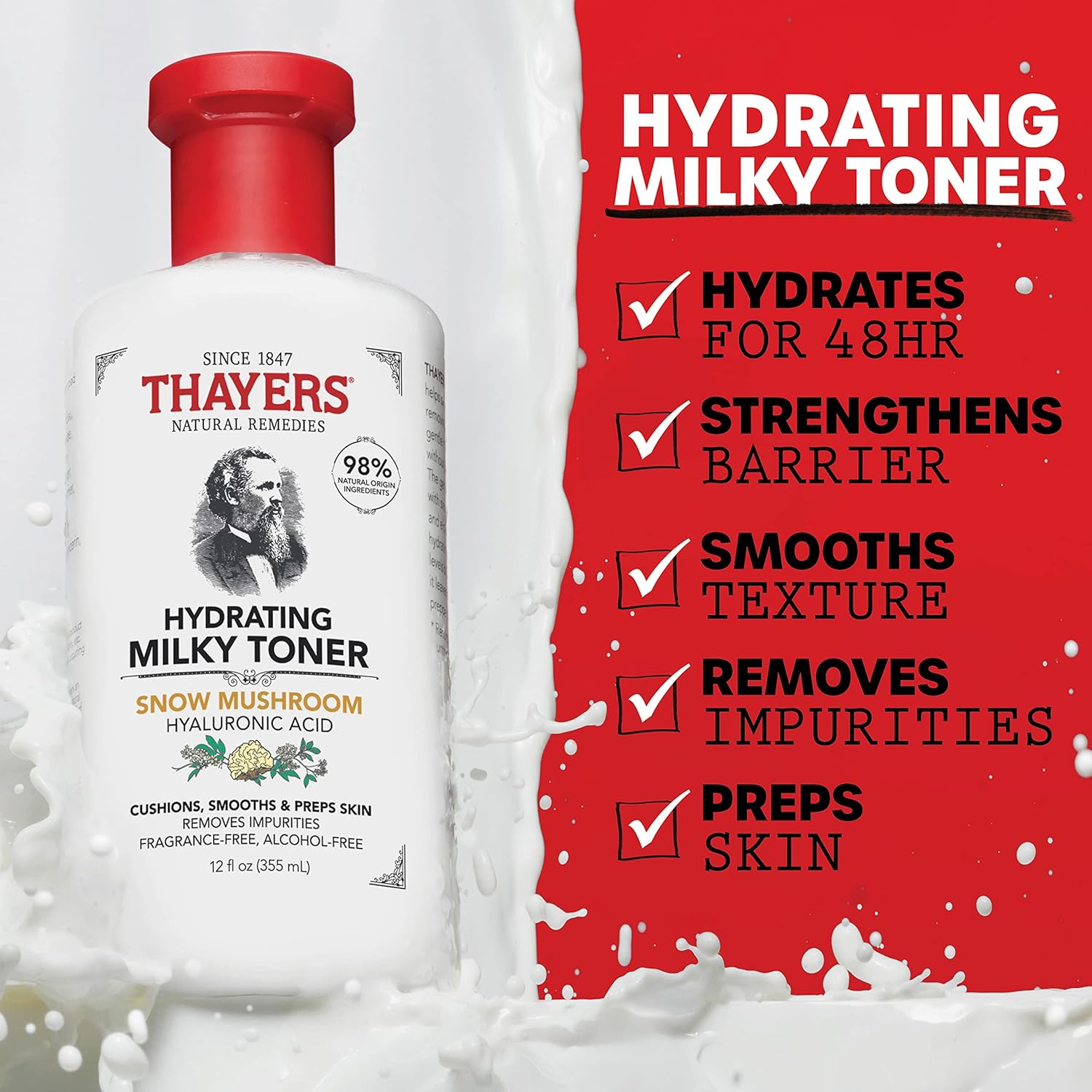 THAYERS Tónico facial lechoso con hongo de nieve y ácido hialurónico, tónico facial suave natural, recomendado por dermatólogos, para piel seca y