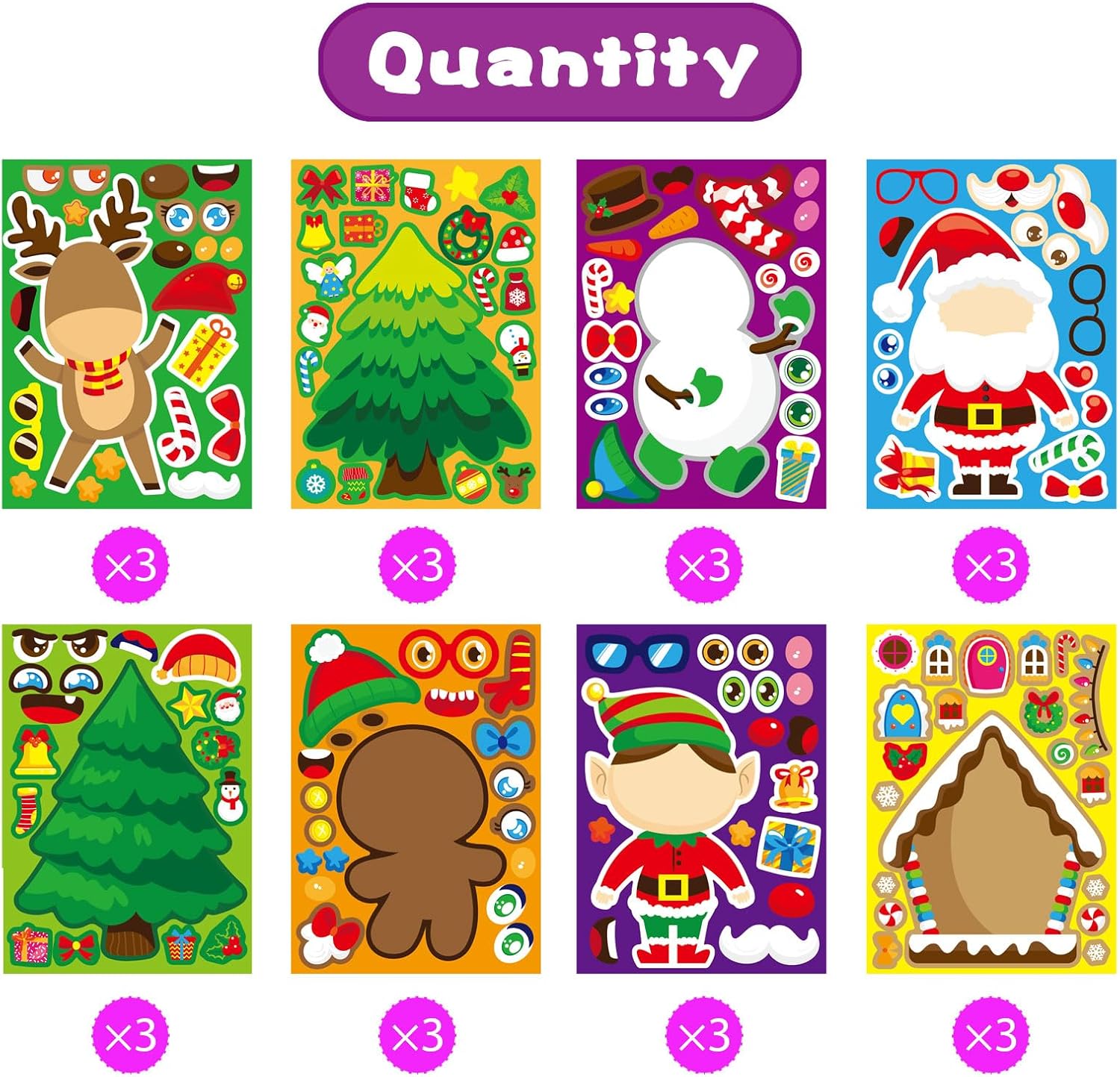 24 hojas de calcomanías de Navidad, haz tus propios personajes de Navidad para niños, manualidades de Navidad, actividades, calcomanías para niños y