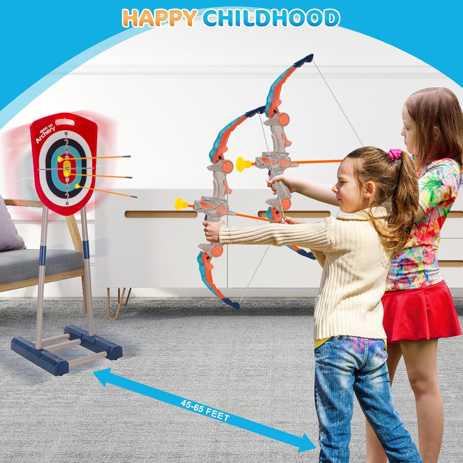 NIDUYONG Juego de 2 arcos y flechas para niños (objetivo móvil eléctrico), juego de tiro con arco iluminado con 14 flechas de ventosa, juegos al