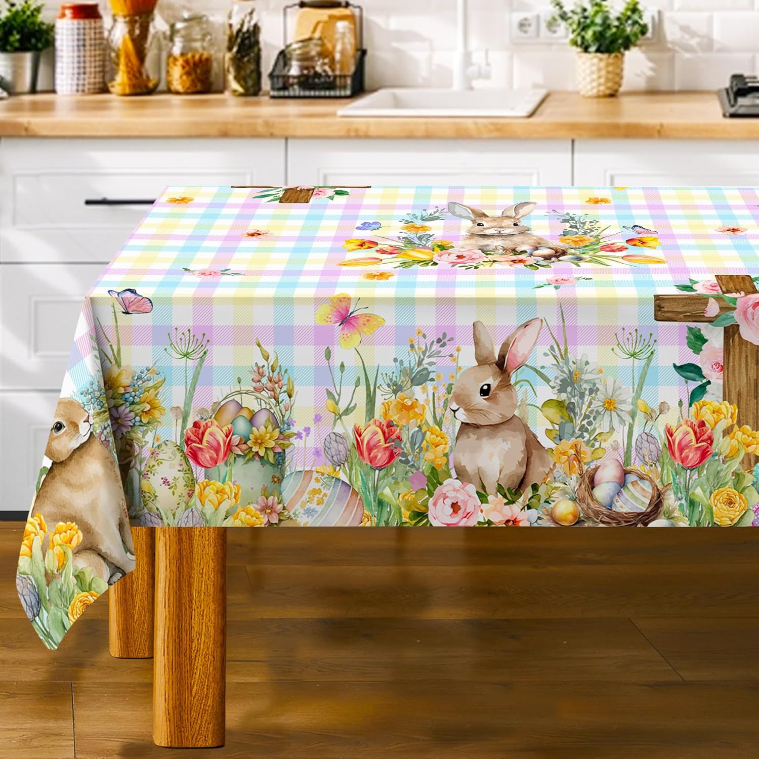 Mantel redondo de Pascua de 70 pulgadas con conejo y huevos, mantel redondo de Pascua a cuadros para comedor, tulipanes florales para decoración de