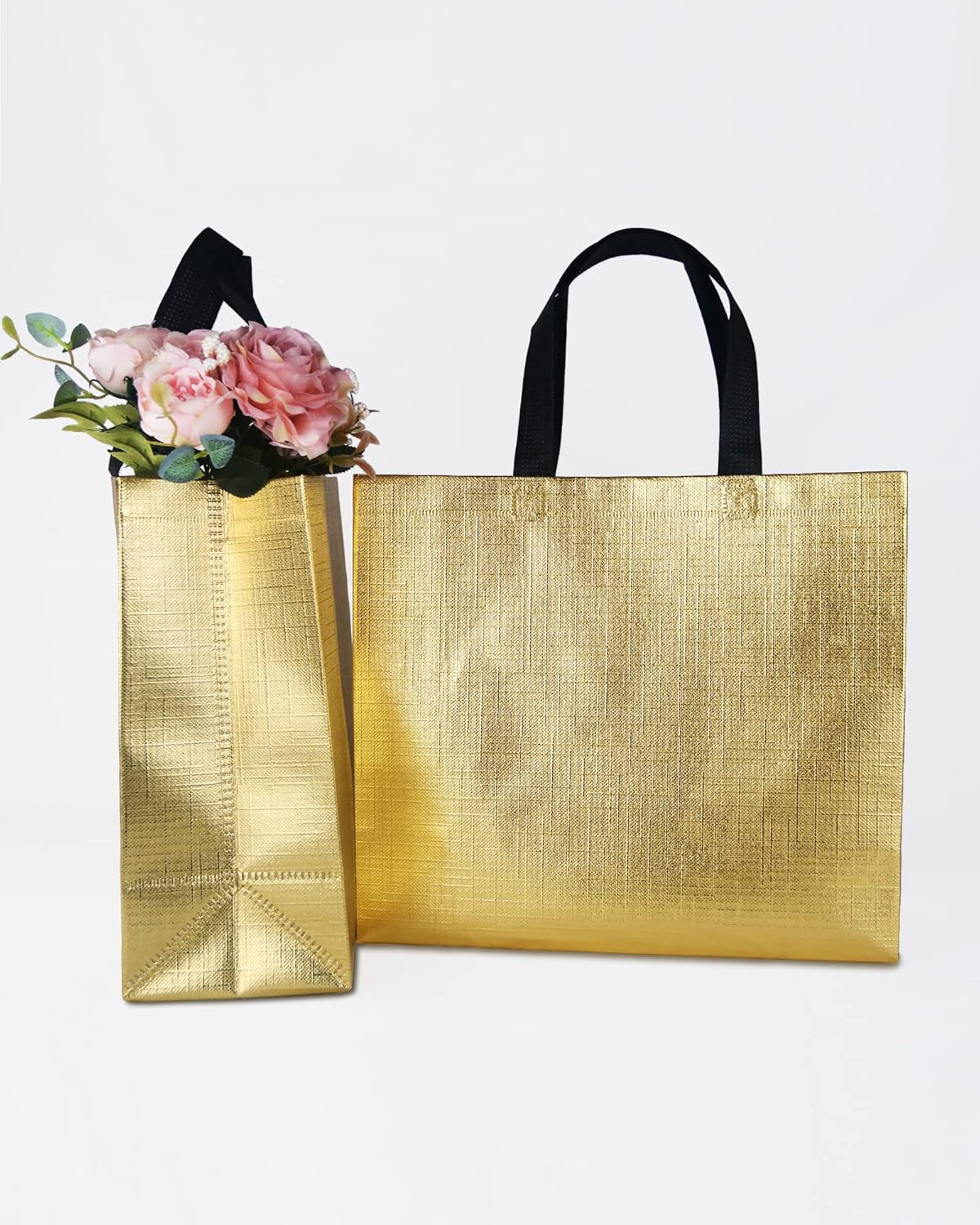 FONXHEE Paquete de 12 bolsas de regalo doradas con asas, bolsas de regalo reutilizables, bolsas de regalo brillantes, bolsas de regalo metálicas no