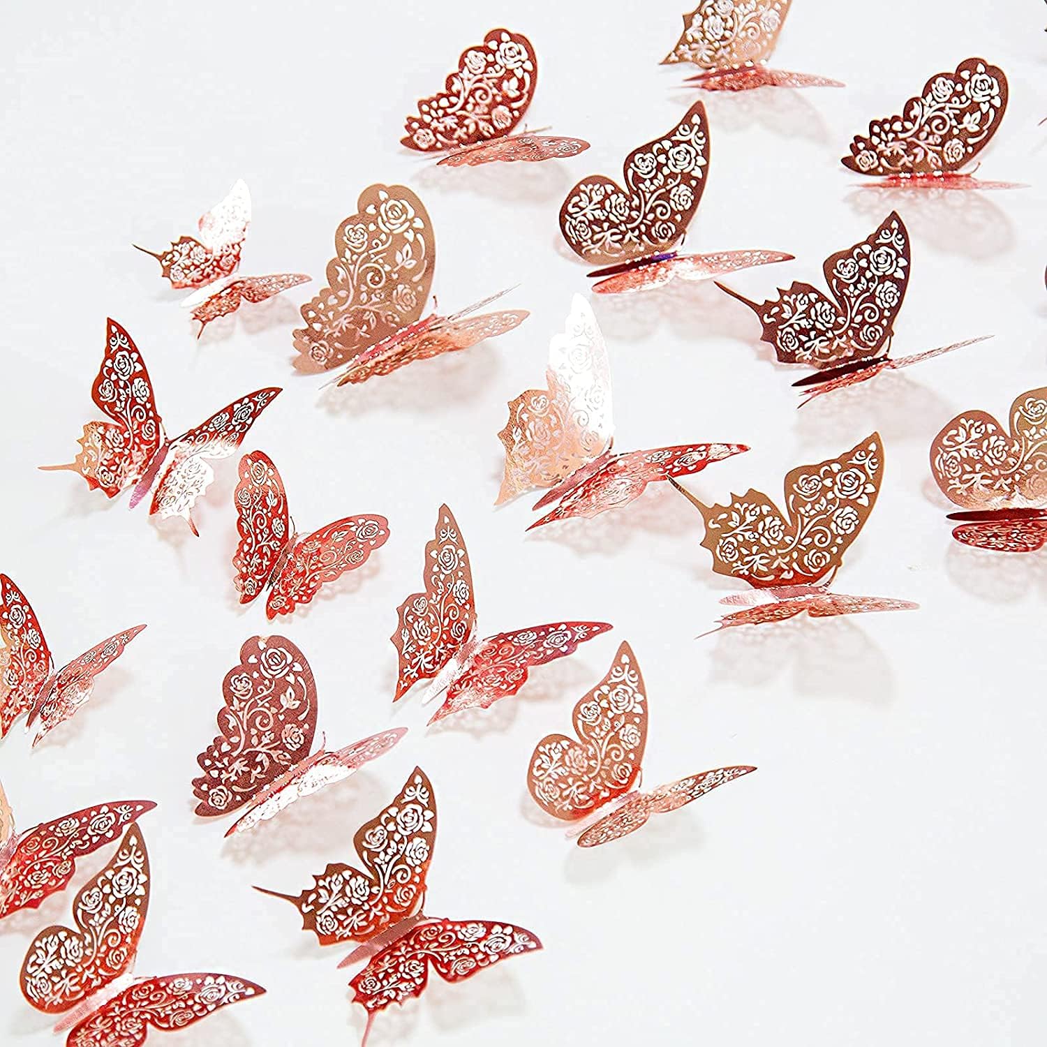 Calcomanías de pared de mariposa de oro rosa 3D, removibles, brillantes, metálicas, calcomanías de pared de mariposas de corazón, mariposa para