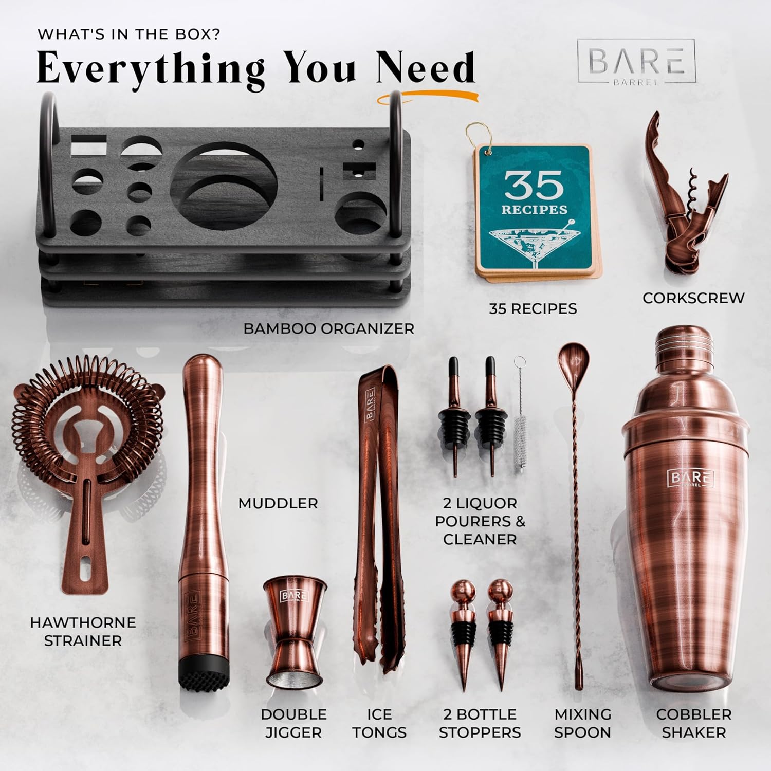 BARE BARREL Mixology Bartender Kit Bar Set  Juego de coctelera Martini de 14 piezas  Herramientas profesionales de mezcla de bar para bar en casa
