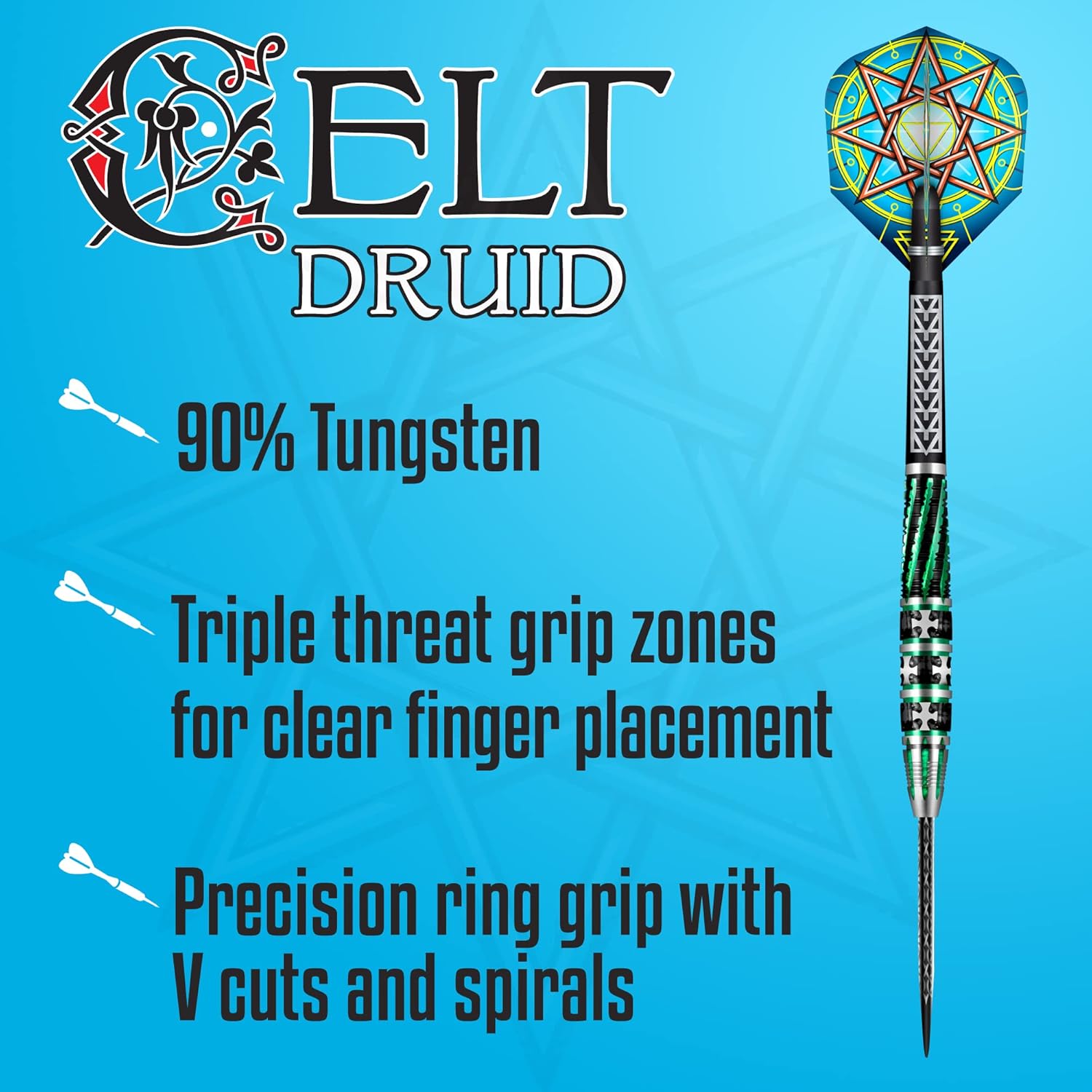 Shot! Darts Celt Druid – Juego de puntas de acero para lanzar dardos profesionales de 90% tungsteno, fabricado en Nueva Zelanda – Vuelos de dardos