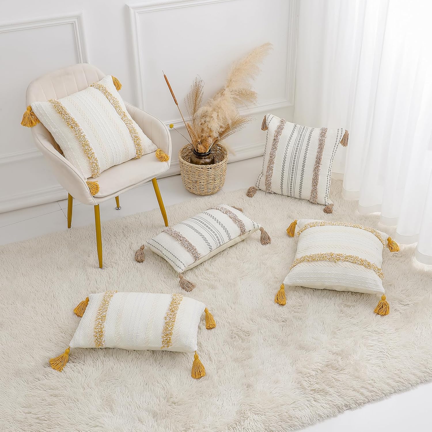Juego de 2 fundas de almohada decorativas de lino y algodón con borlas, estilo bohemio y copetudo, para cojín lumbar, para sofá y cama, 12 x 20