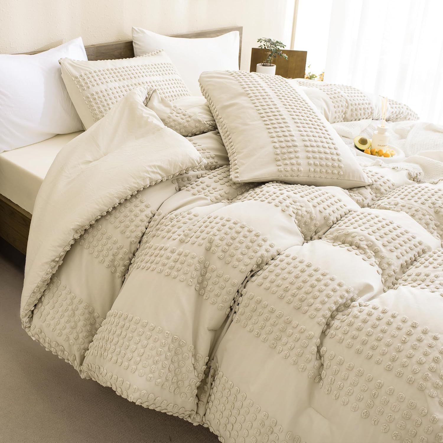 Andency Juego de edredón beige copetudo, tamaño individual (68 x 90 pulgadas), 2 piezas (1 edredón, 1 funda de almohada), edredón texturizado de