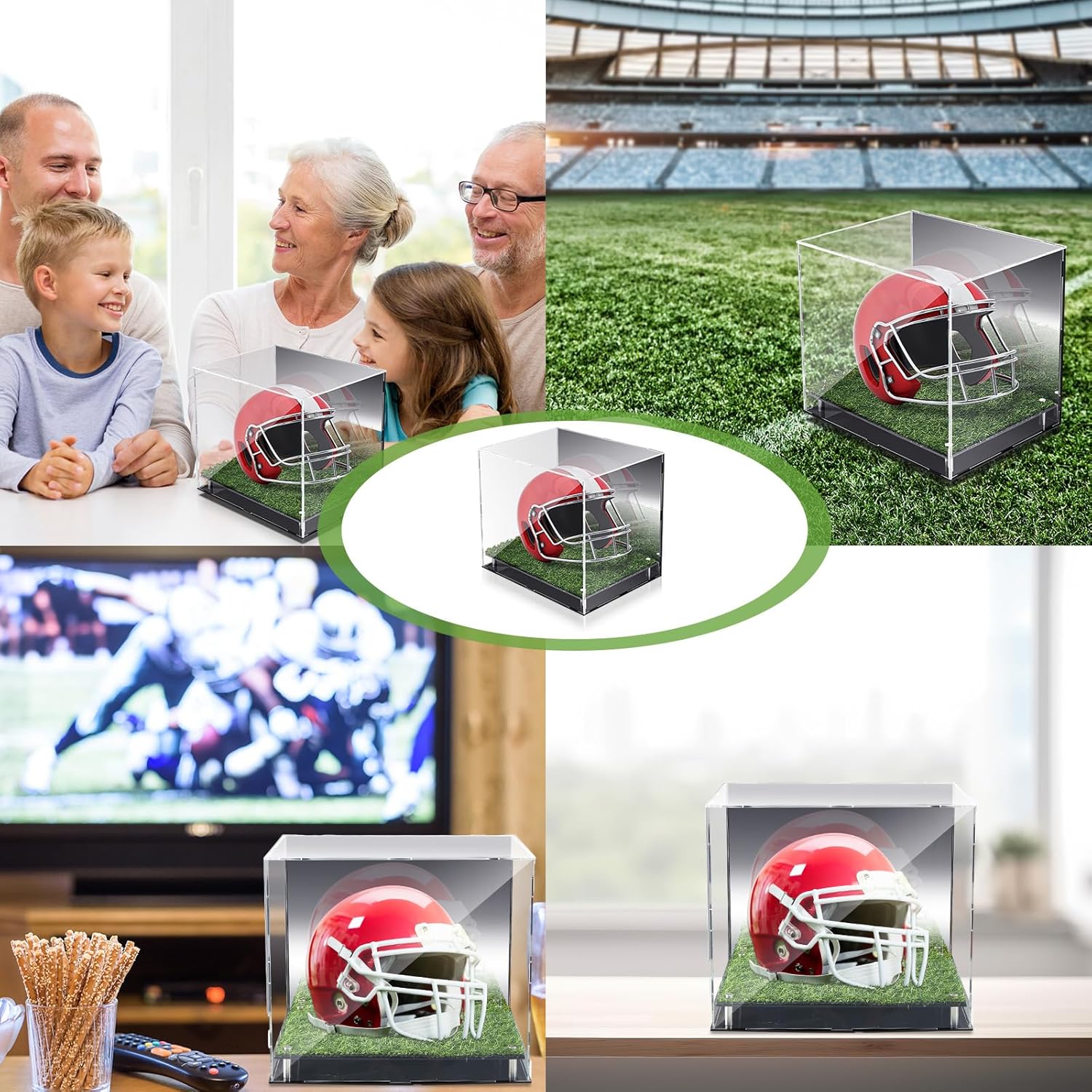 Vitrina de acrílico para casco de fútbol con césped de 14.5 x 11 x 12 pulgadas, tamaño completo, a prueba de polvo, acrílico, vitrina de protección