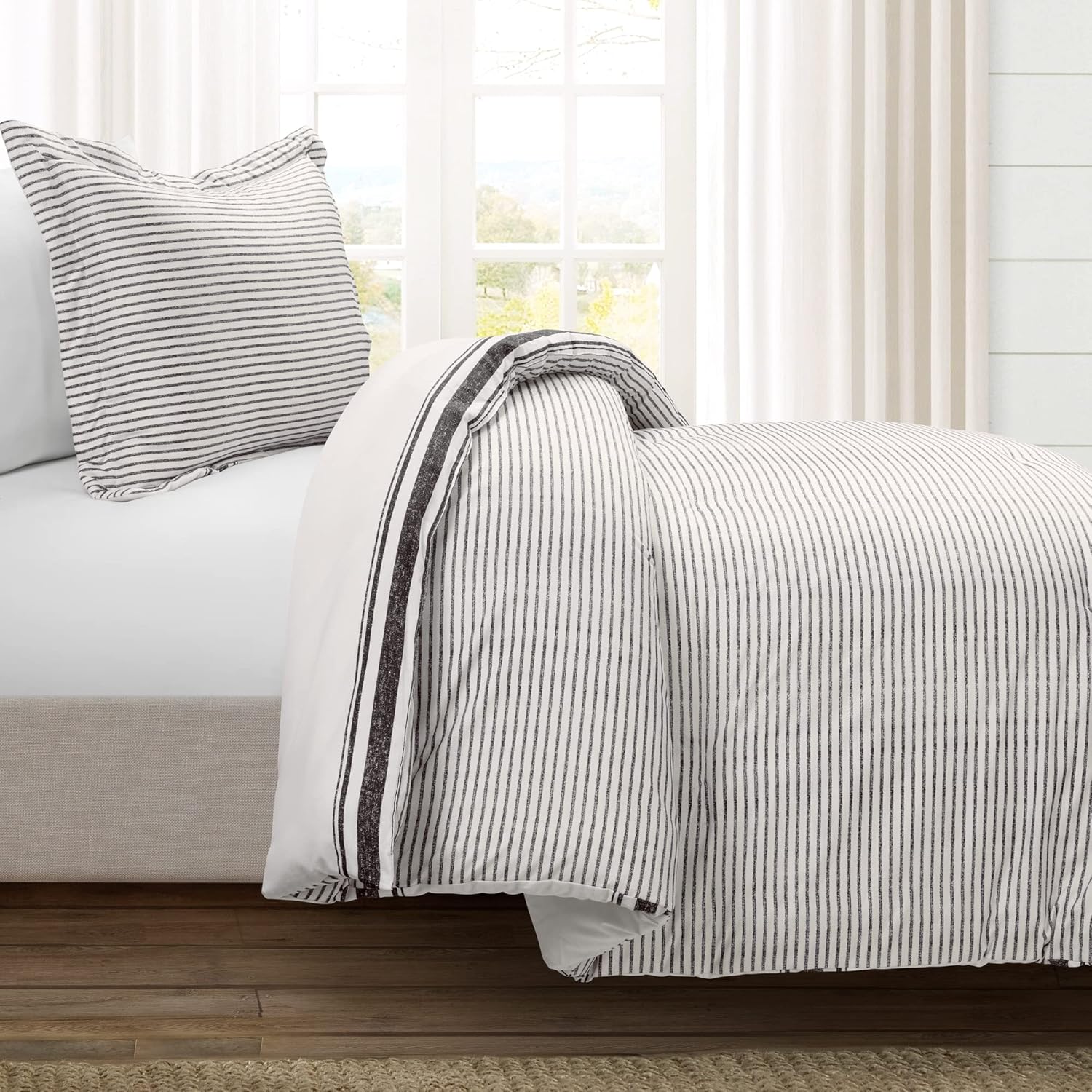 Lush Decor Juego de edredón reversible de algodón a rayas, juego de 2 piezas, individual XL, negro, juego de ropa de cama individual, decoración de