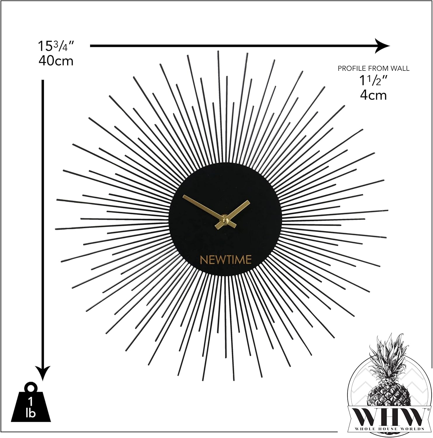 WHW Whole House Worlds Modernist Home New Time Burst – Reloj de pared con movimiento de cuarzo, color negro, manecillas doradas de 15.75 pulgadas, 1