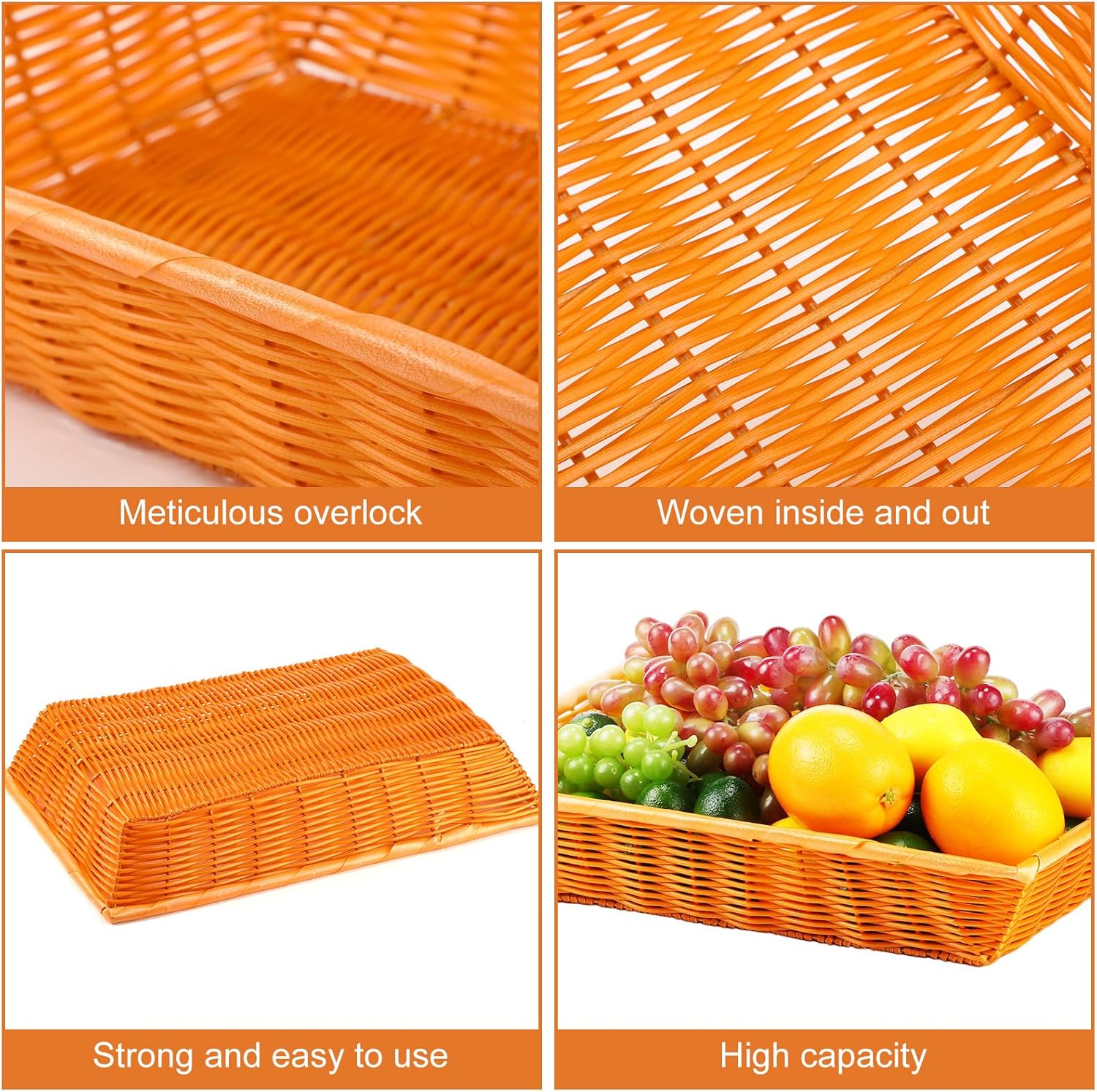 Paquete de 6 cestas de pan de mimbre de polietileno, 16 pulgadas, cestas de pan tejidas de ratán de imitación rectangular, apilable, cesta de mimbre