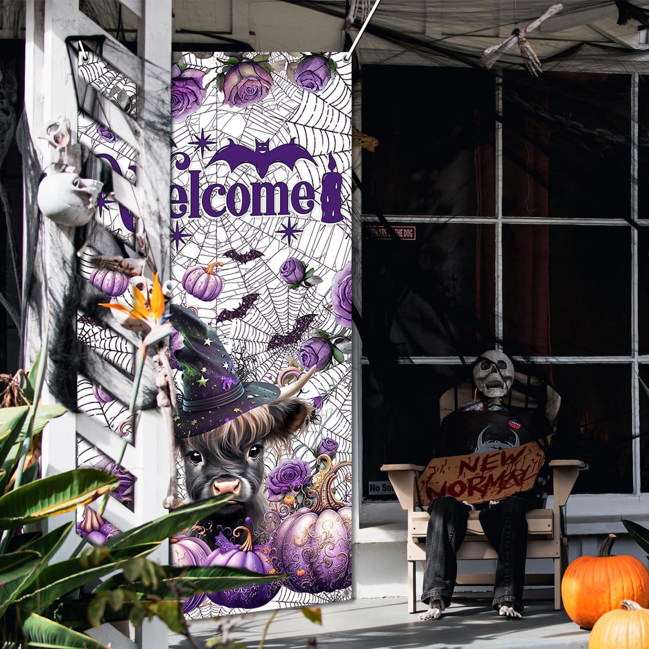 Decoraciones para puerta de Halloween, pancartas de bienvenida de Halloween, vaca de las tierras altas con sombrero de bruja, calabaza morada,