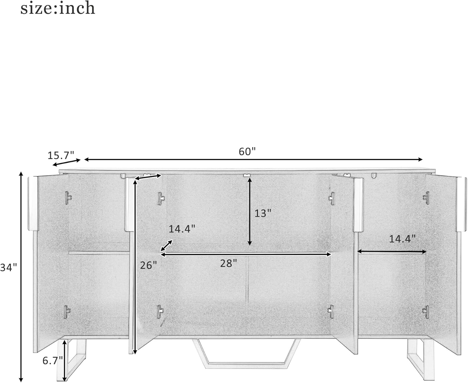 P PURLOVE Aparador moderno con cuatro puertas, armario de madera con estante ajustable, mesa de cocina con almacenamiento con patas de metal para