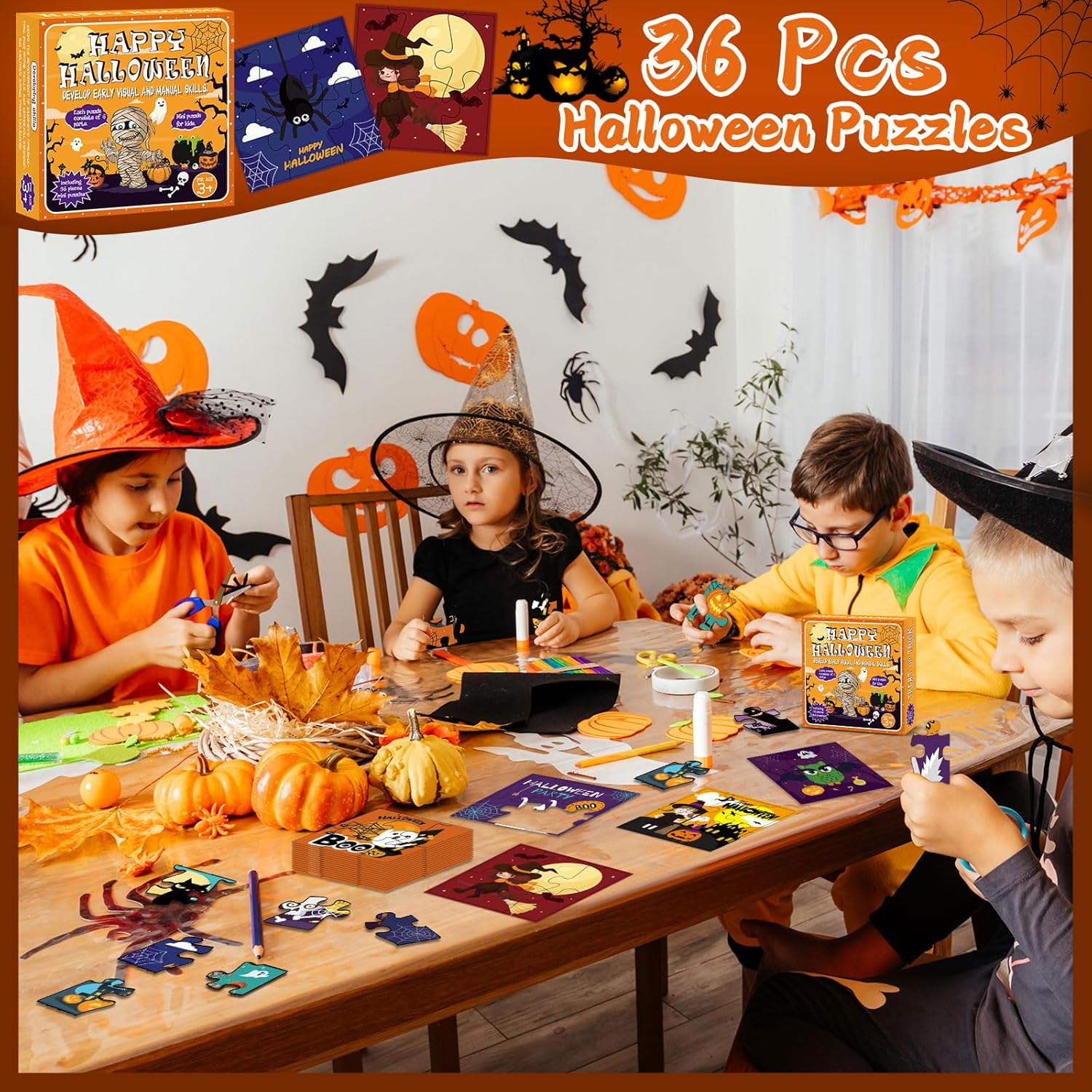 Juego de 36 piezas de rompecabezas de Halloween para niños, rompecabezas de papel de Halloween, miniaturas, regalos para la escuela, aula,