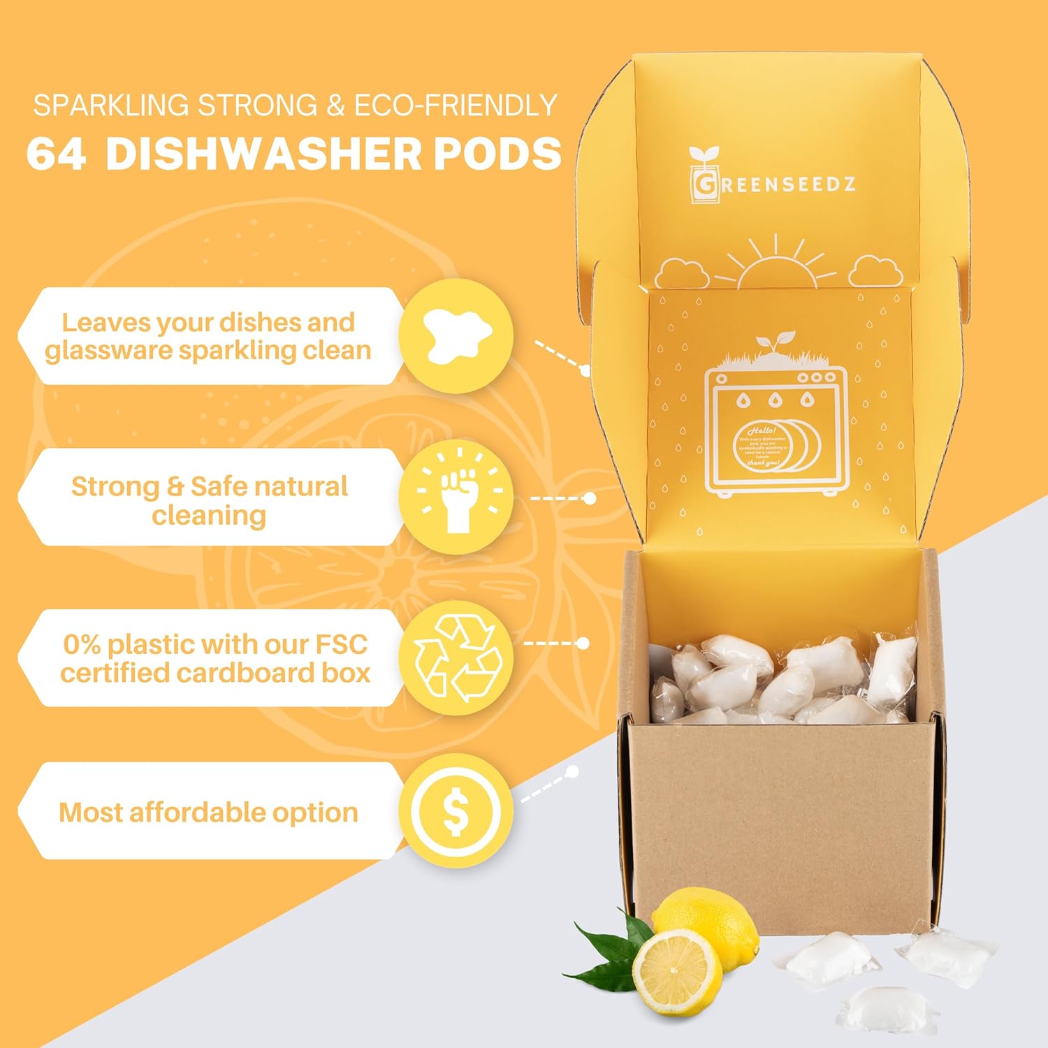 Cápsulas fuertes para lavavajillas, 64 unidades, aroma fresco, fórmula potente para platos limpios y brillantes, compatible con HE