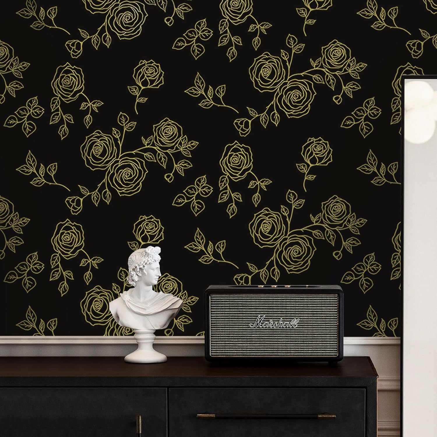 Yun-aeon Papel tapiz floral dorado y adhesivo de 17.3 x 300 pulgadas, papel de contacto moderno, geométrico, extraíble, autoadhesivo, para