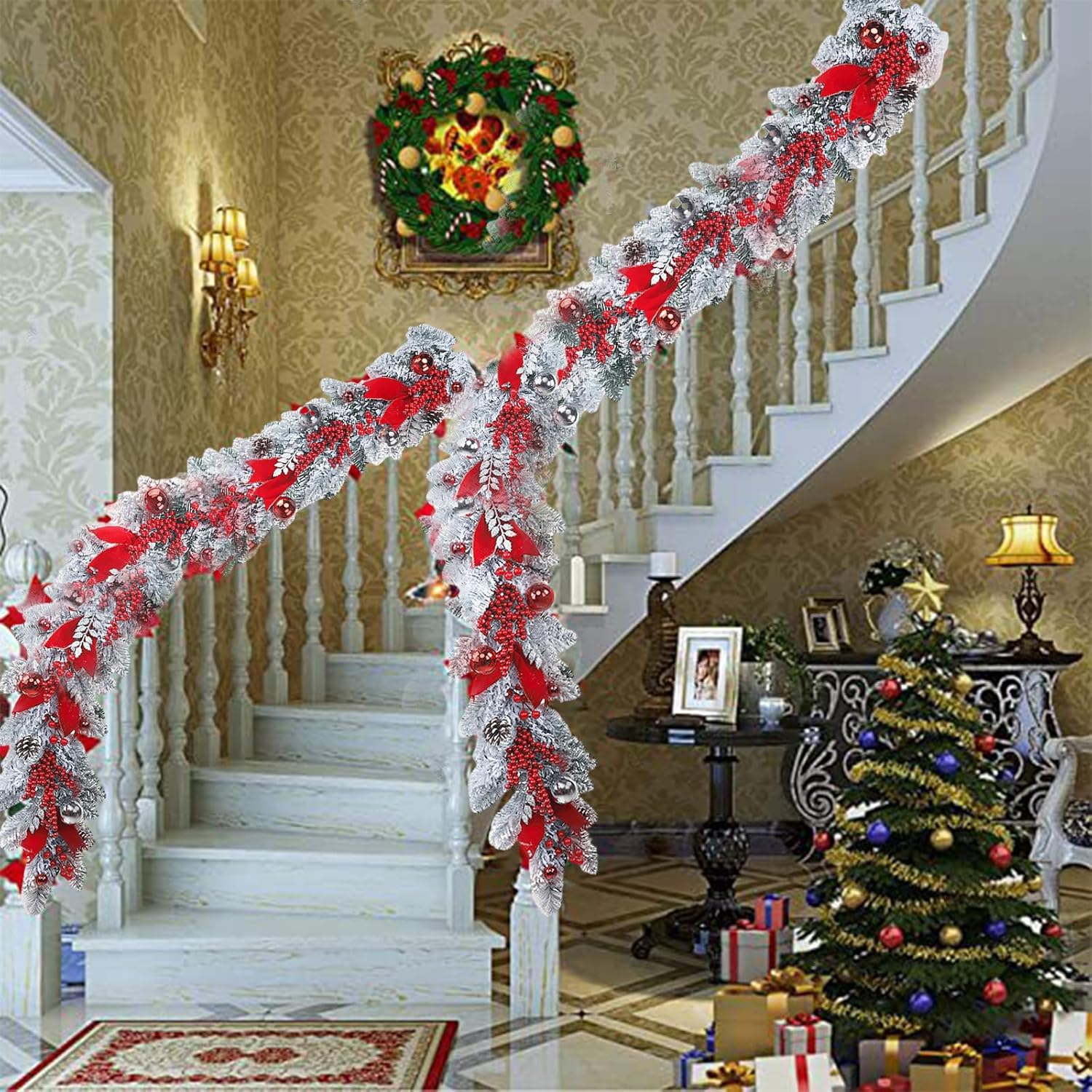 Guirnalda de Navidad artificial de 3.93 pies, corona de Navidad con cinta roja, ramo de bayas, bolas de Navidad y piñas, guirnalda de Navidad,