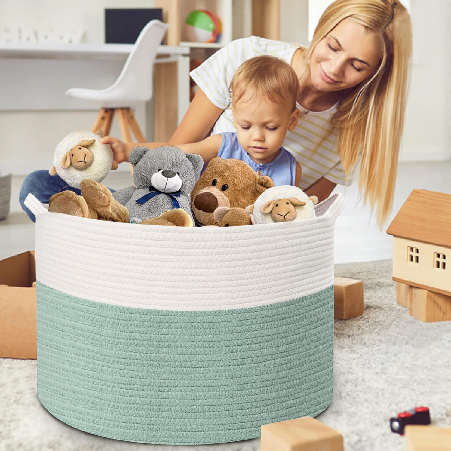Cesta de cuerda tejida XXXL con asas, cesta de 23.6 x 23.6 x 14.1 pulgadas para mantas para sala de estar, canasta grande de almacenamiento de
