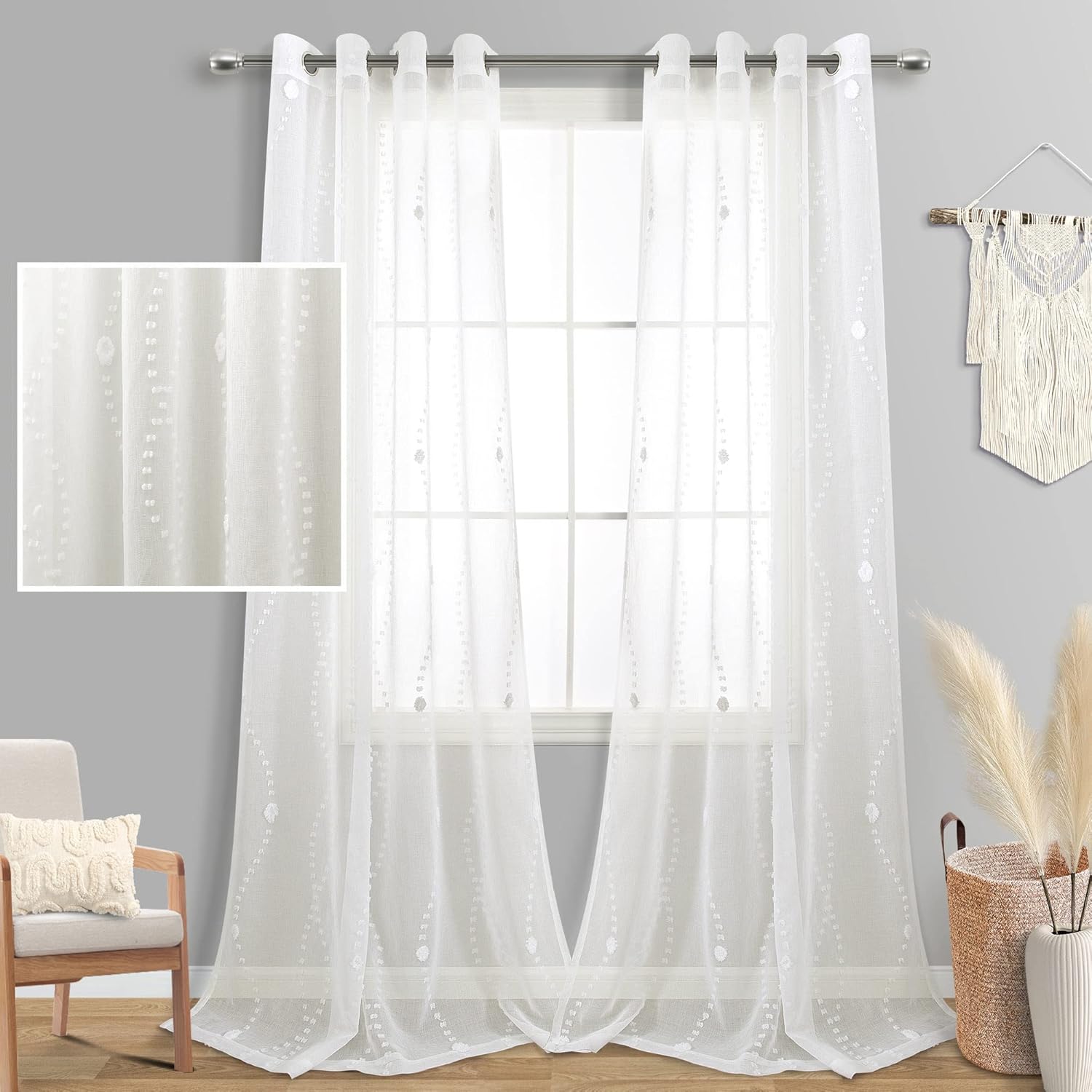 KOUFALL Juego de 2 paneles de 108 pulgadas de largo, con diseño de pompones, cortinas transparentes para ventana de sala de estar y dormitorio,
