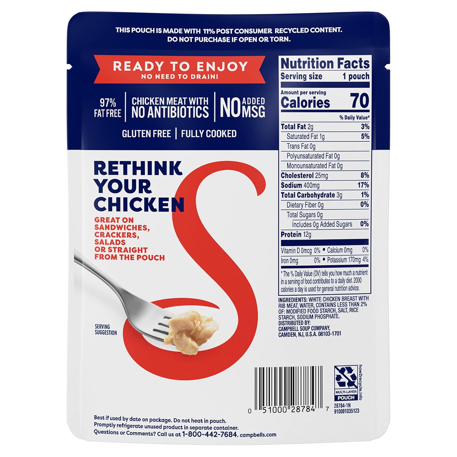 Swanson Original White Chunk – Pollo completamente cocido, listo para comer, comidas simples sobre la marcha, bolsa de 2.6 onzas (caja de 12)