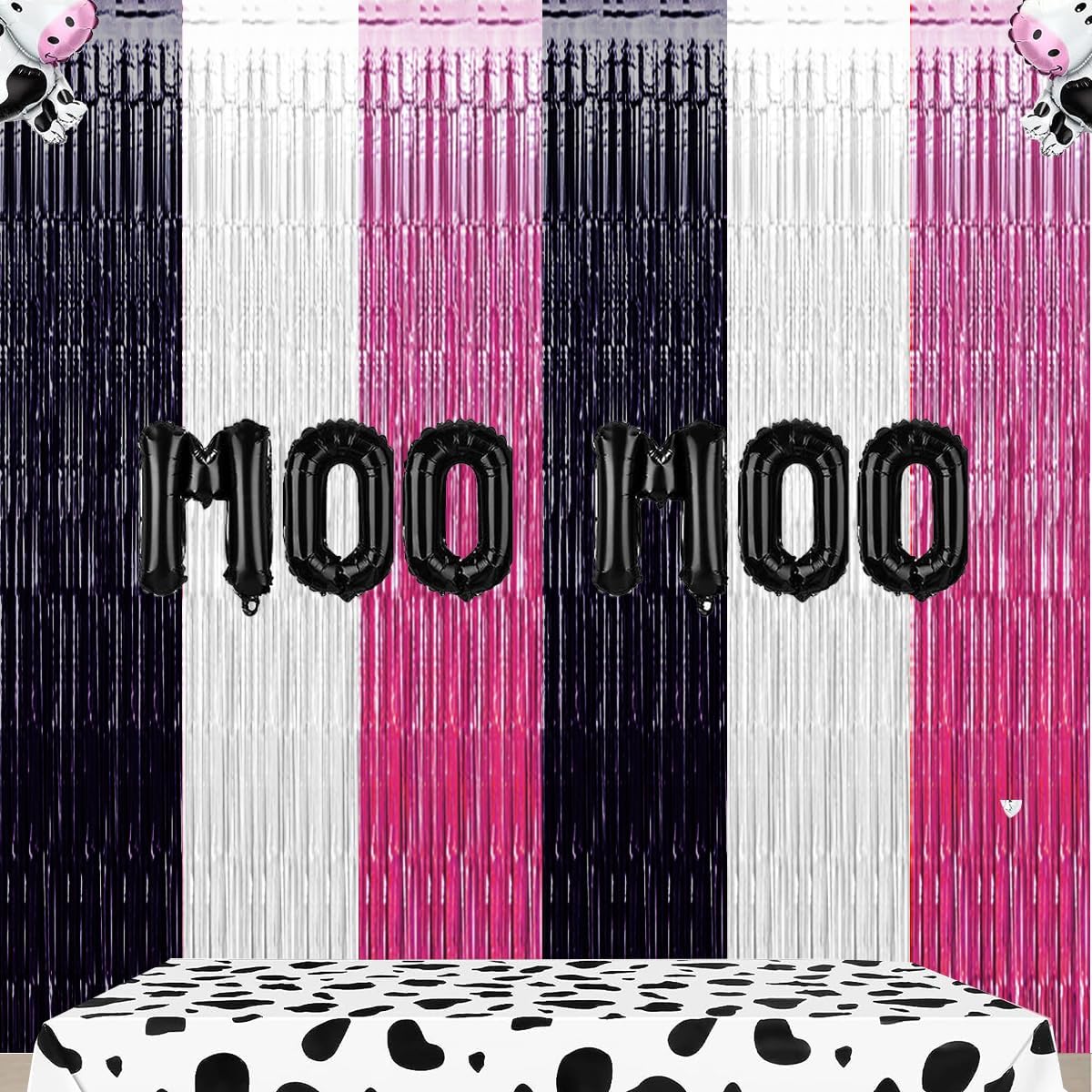 Decoraciones de fiesta de cumpleaños con estampado de vaca, telón de fondo rosa, negro y blanco, cortinas de oropel de papel de aluminio para fiesta