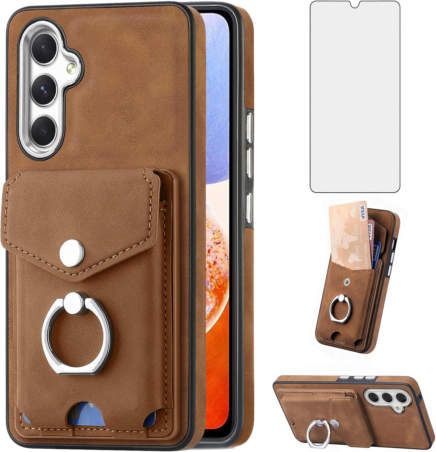 Asuwish Funda tipo cartera compatible con Samsung Galaxy A14M14 5G y protector de pantalla de vidrio templado, soporte para tarjetas, soporte