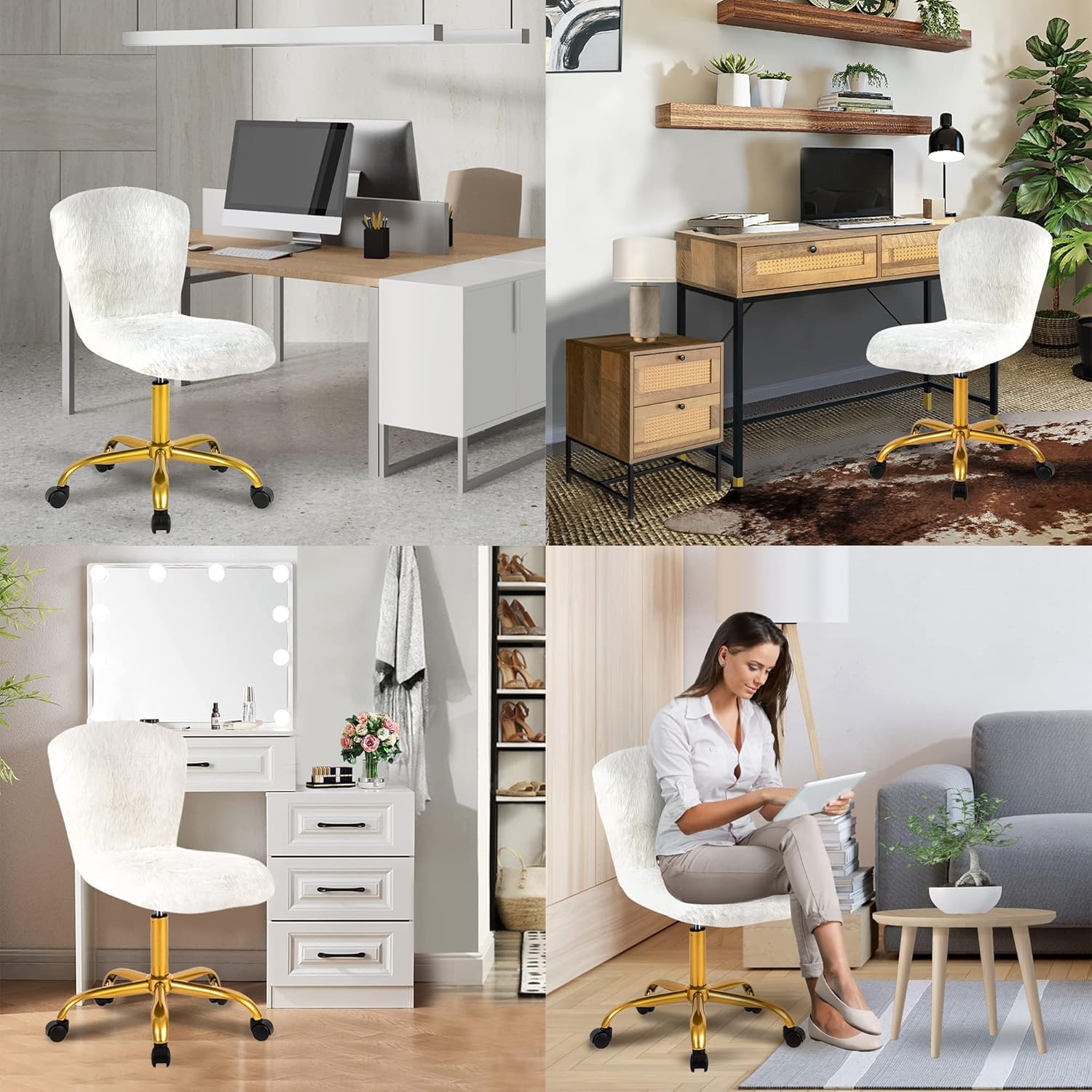 GIA Silla giratoria ajustable de respaldo medio con piel sintética, tamaño de asiento mejorado para adultos, color blanco