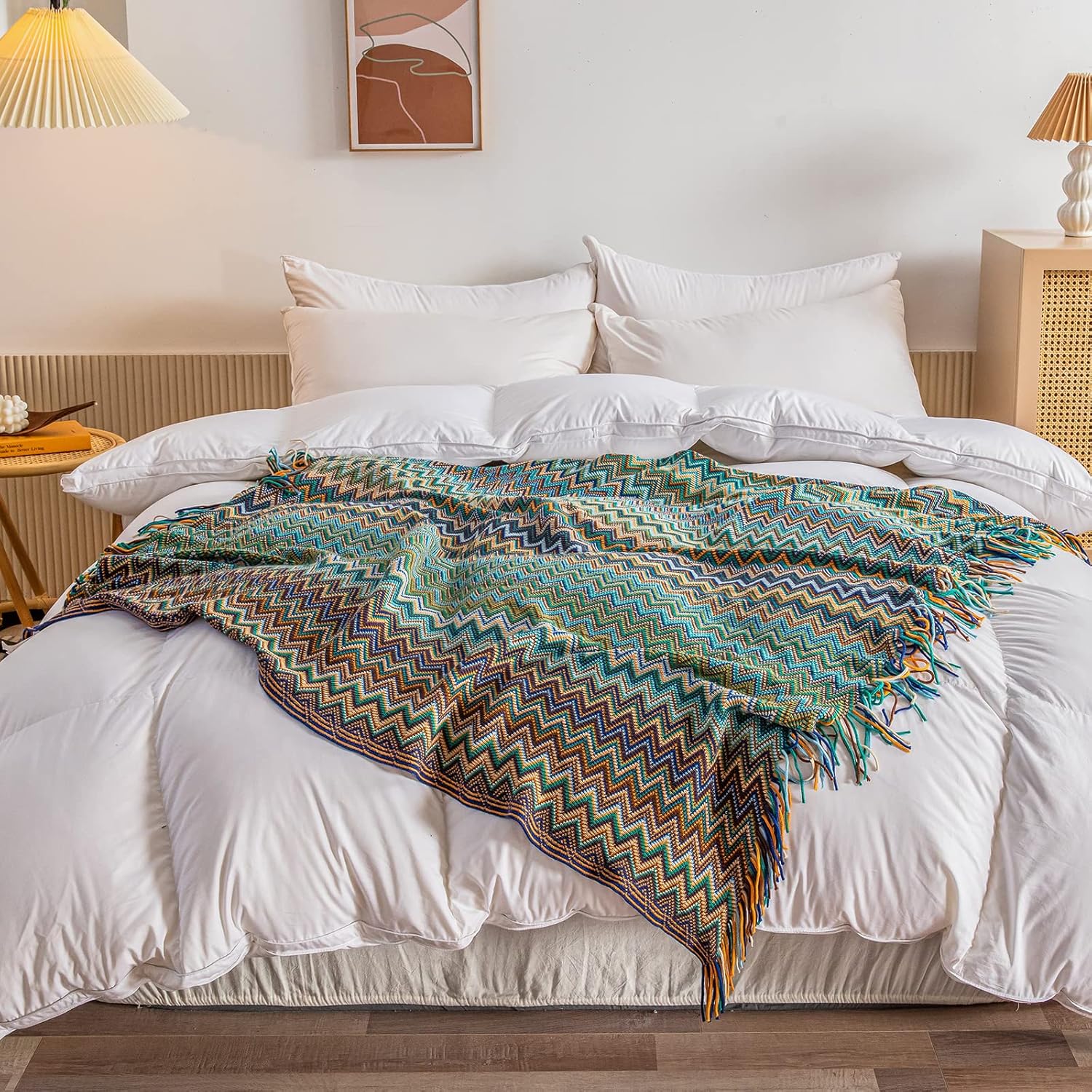 LIFEIN – Manta de punto estilo bohemio para sofá, manta bohemia suave de primavera, acogedora manta ligera de punto con borlas para decoración del