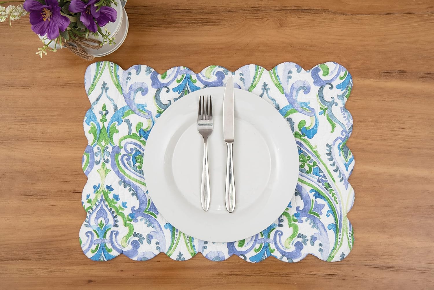 C&F Home Juliet – Mantel individual rectangular acolchado reversible azul verde blanco patrón de cachemira brillante colorido reversible a azul y