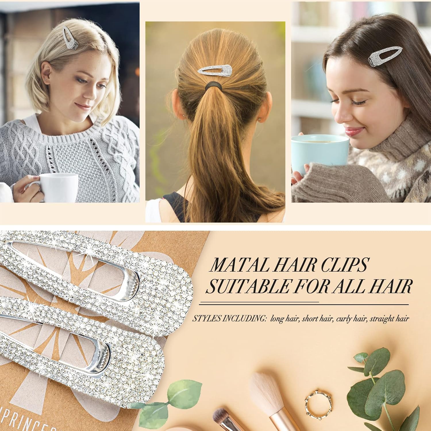 KANPRINCESS 2 pinzas para el cabello con diamantes de imitación de 2.4 pulgadas, pinzas plateadas, accesorios para el cabello de mujeres y niñas,
