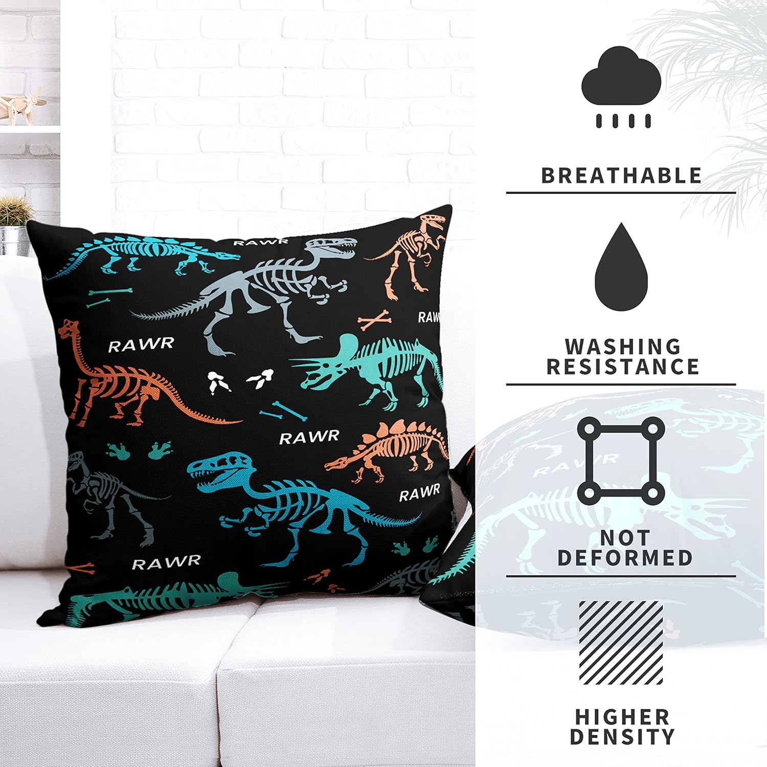 Juego de 2 fundas de almohada de calavera de dinosaurio azul de 16 x 16 pulgadas, fundas de almohada cuadradas de lino abstracto con huesos de