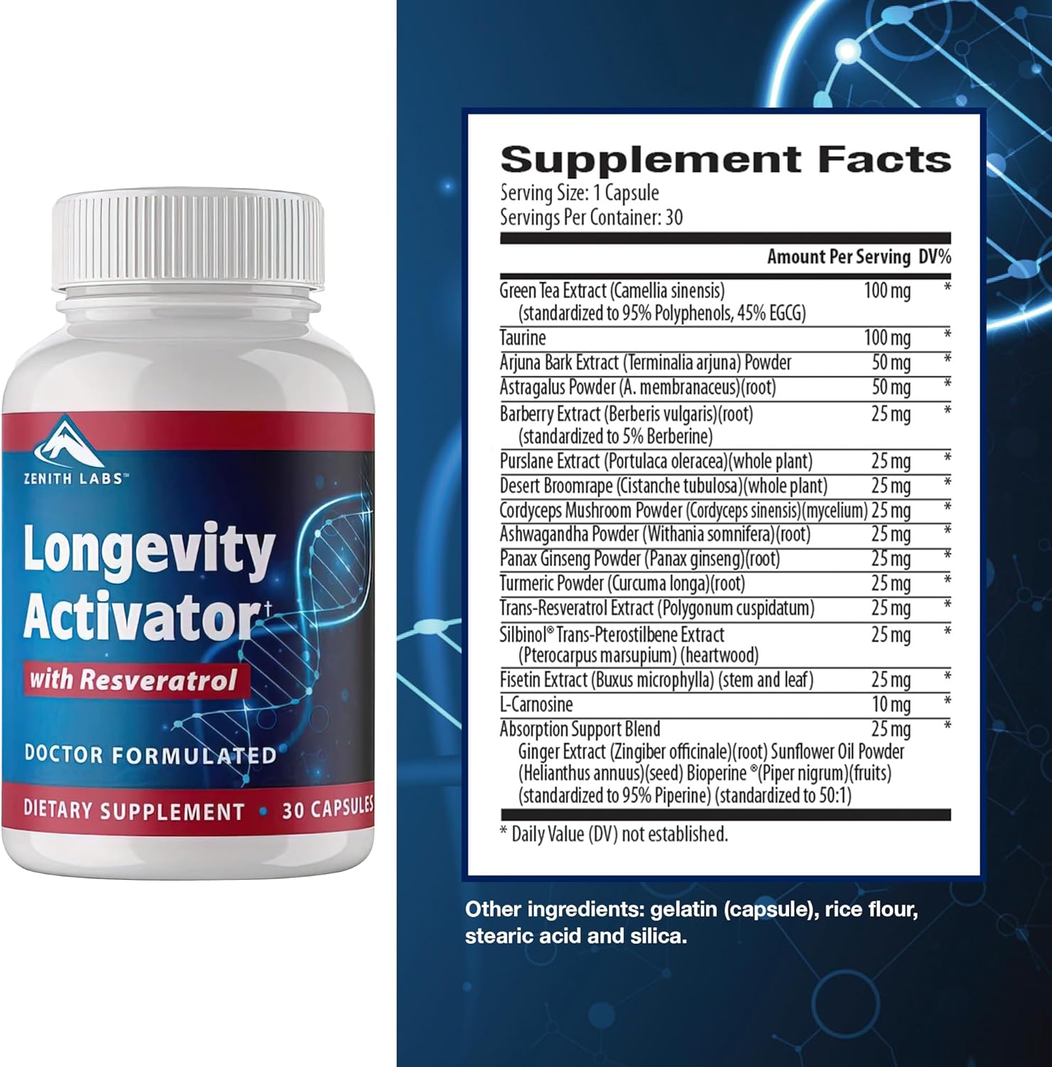 Zenith Labs Suplemento dietético activador de la longevidad antienvejecimiento, antioxidantes naturales con resveratrol, apoya la función