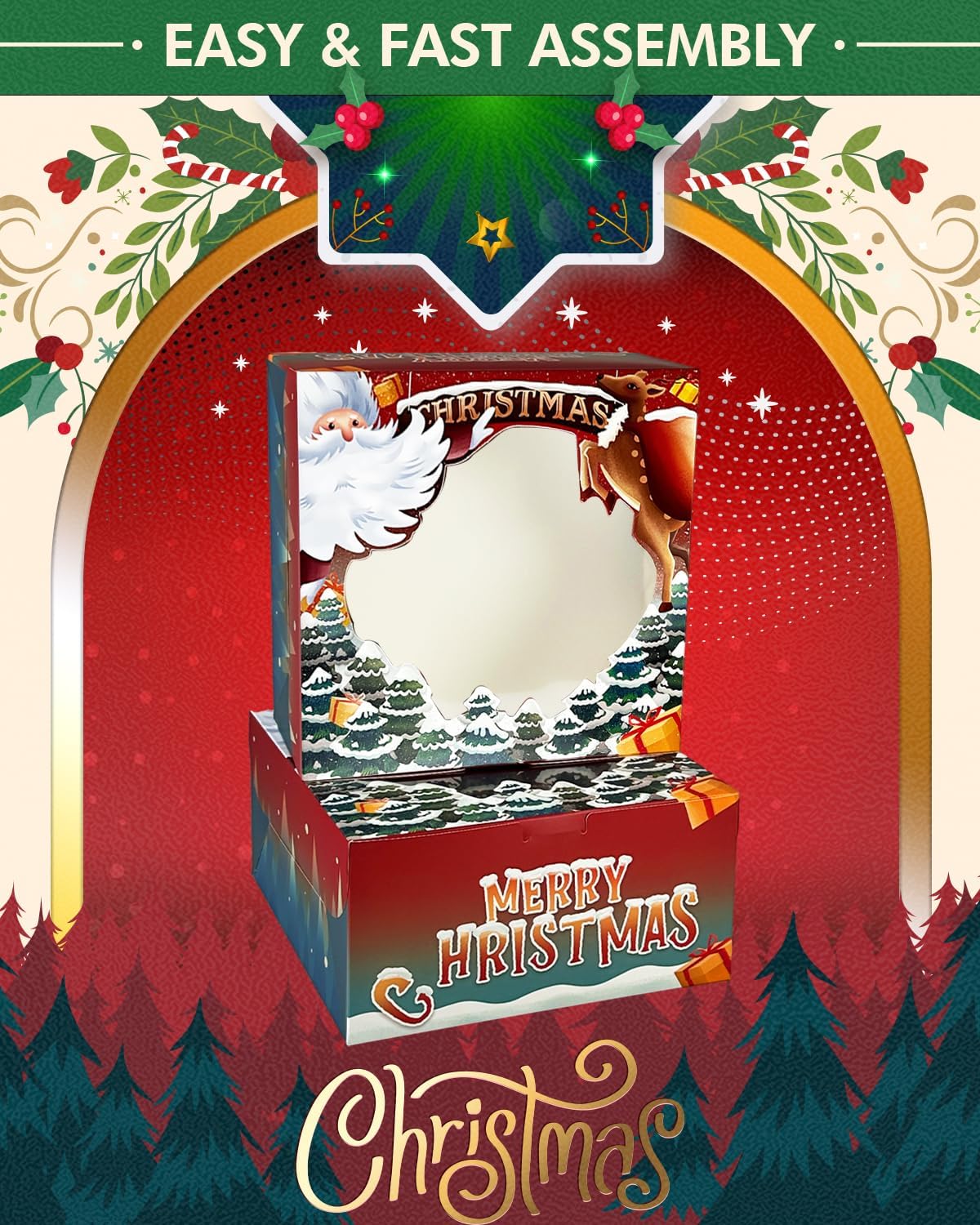 qiqee Cajas de pastel de Navidad de 10 x 10 x 5 pulgadas, caja de panadería con ventana, 12 paquetes de cajas de pastelería para Navidad