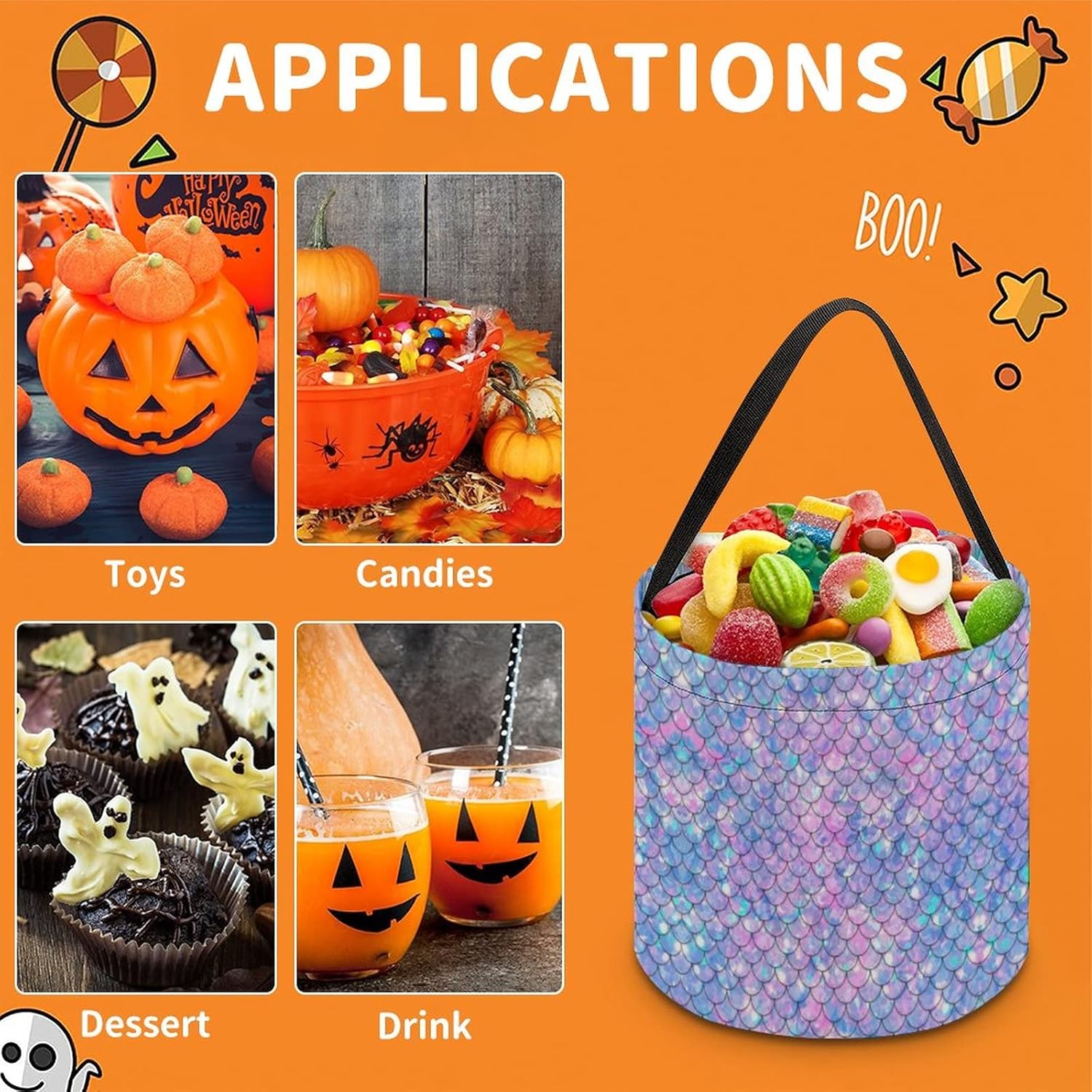 Cubo de cubo de Halloween con diseño de sirena arcoíris, bolsa de dulces para niños, decoraciones de Halloween