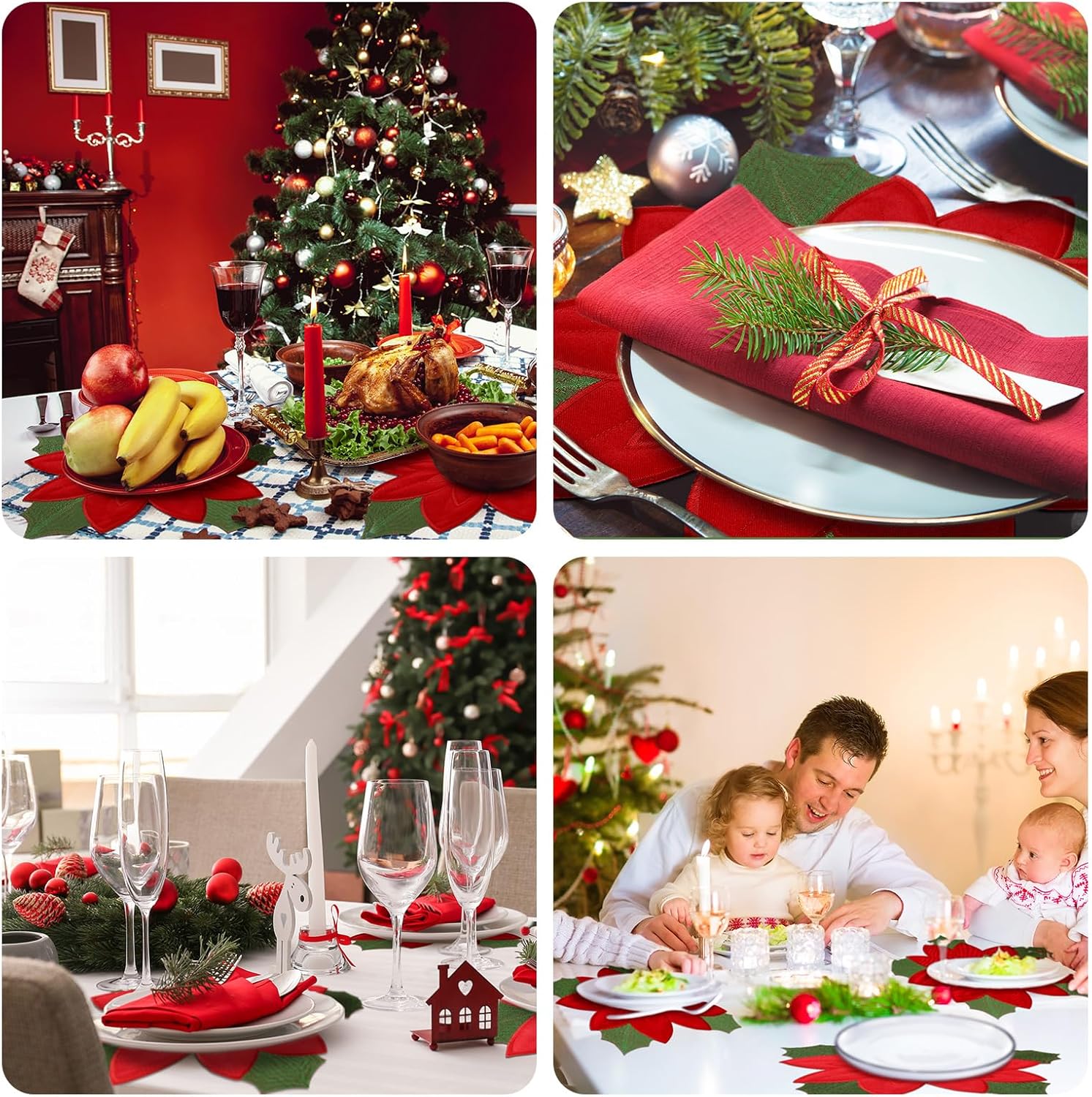 Yingzhao 6 manteles individuales bordados de flor de pascua de Navidad de doble capa, manteles individuales con apliques rojos, manteles