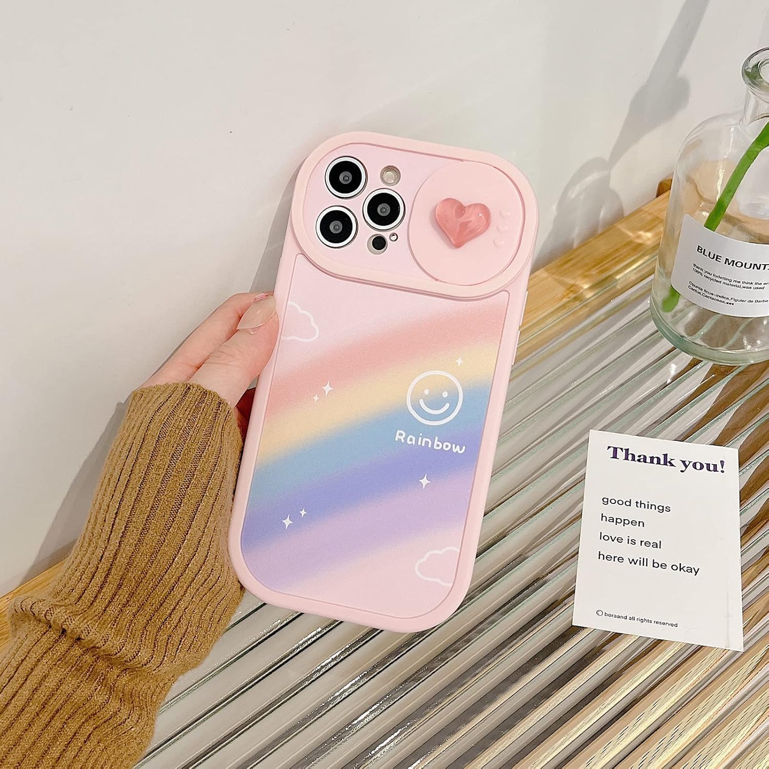 bafokrim Funda de teléfono Kawaii súper protectora para iPhone 11 Pro Max, diseño de arco iris rosa con protector de lente de cámara para mujeres y