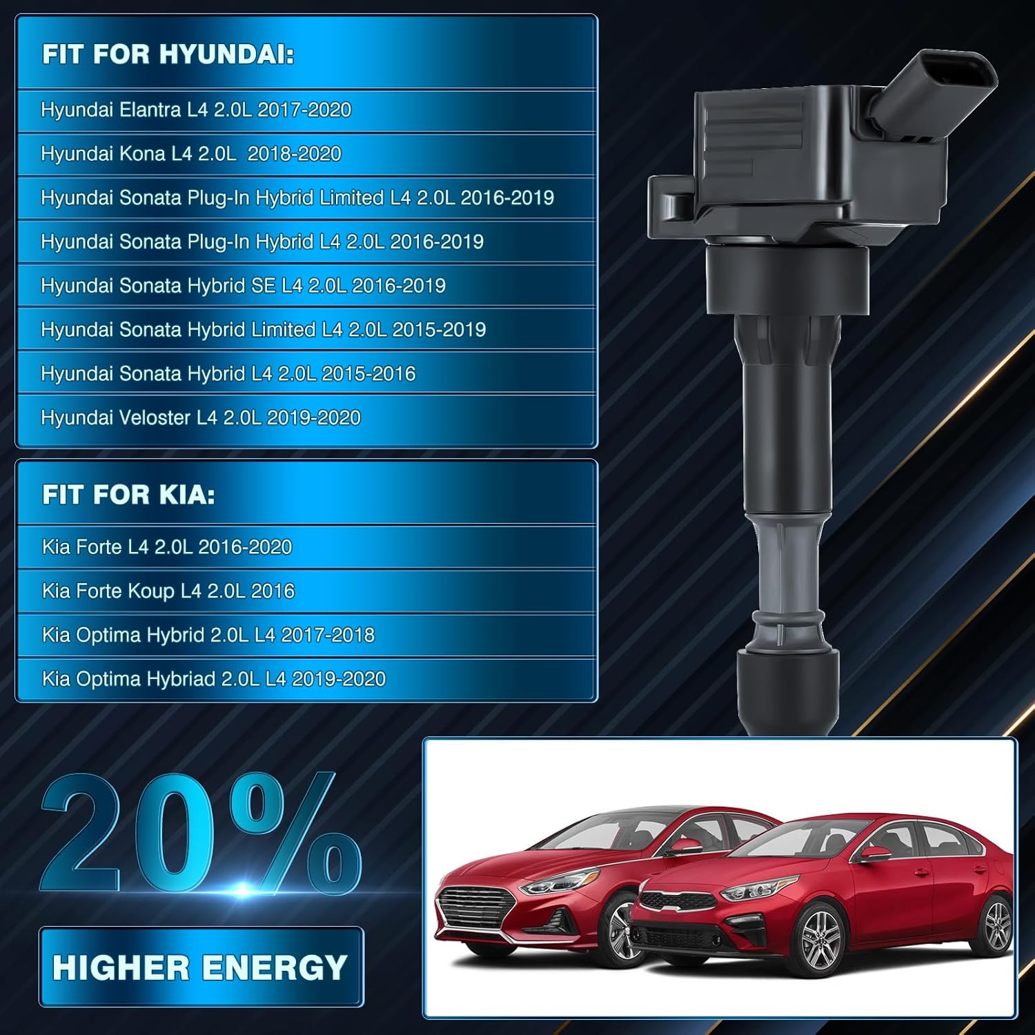 Paquete de 4 bobinas de encendido para Hyundai Elantra 2.0L L4 2017-2020, Kona 2018-2020, Sonata 2016-2019, para Kia Forte 2016-2020, Koup 2016,