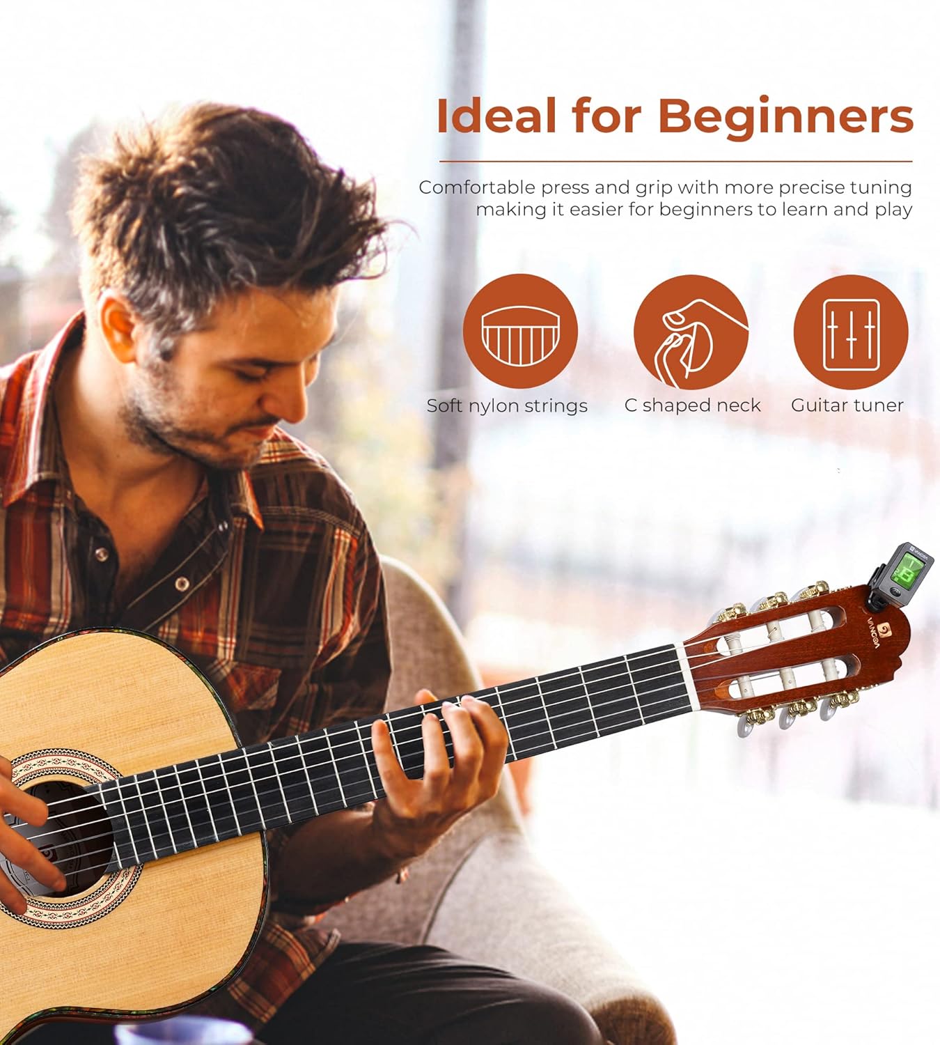Vangoa Guitarra clásica, guitarra de cuerda de nailon de 39 pulgadas, guitarra española para principiantes de tamaño completo con tapa de abeto y
