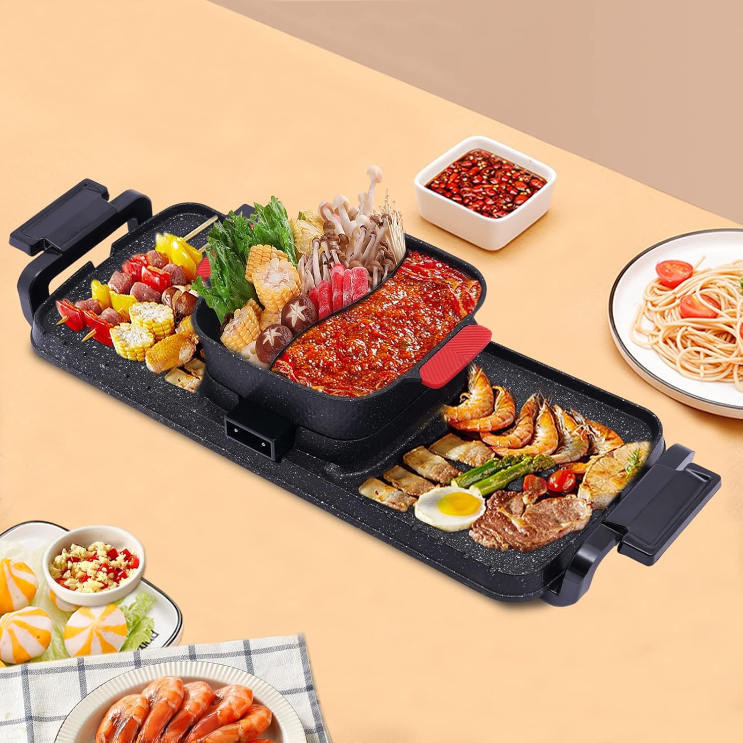 2 In 1 Electric Hot Pot BBQ Grill,Indoor Hot Pot with Grill,Smokeless Grill,Non-Stick Detachable BBQ for Indoor Outdoor Party,110V
