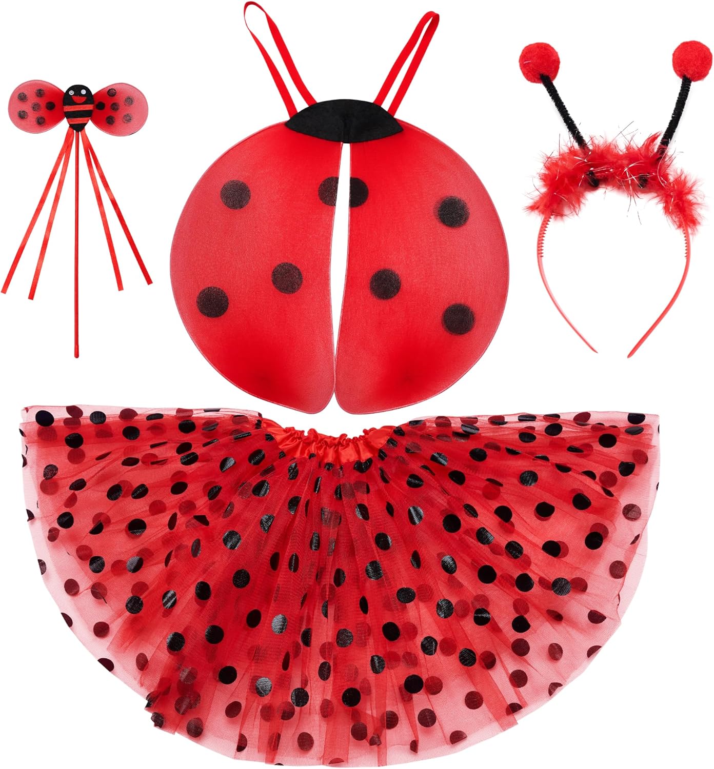 Spooktacular Creations Conjunto de disfraz de mariquita roja con tutú, alas de mariposa, varita mágica, diadema, tutú de mariquita de lunares para