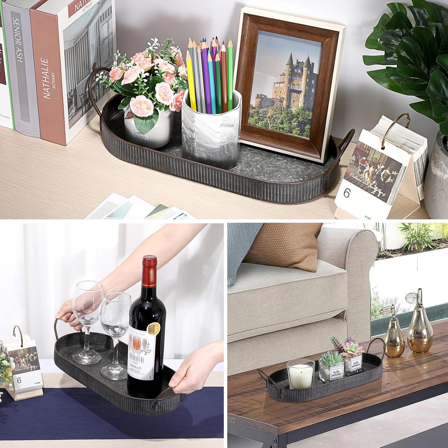 Hipiwe Bandeja ovalada de hierro de metal galvanizado con asa, bandeja de almacenamiento de estilo industrial, bandeja decorativa rústica para mesa