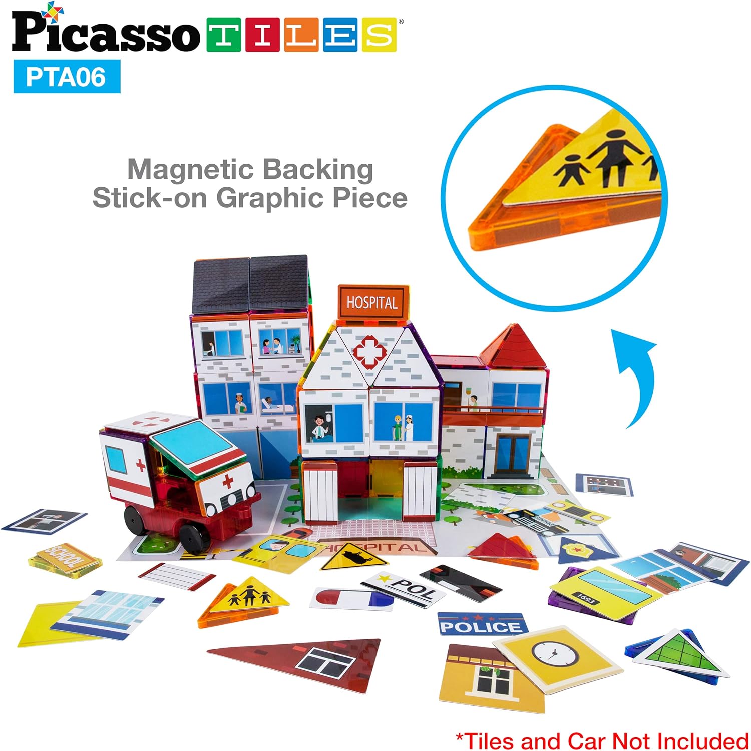 PicassoTiles Juego de 80 piezas para escuela, hospital, estación de policía 3 en 1, imán temático autoadhesivo con parte trasera adhesiva,