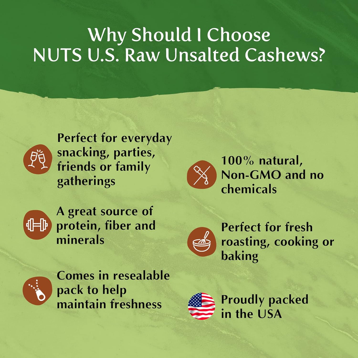 NUTS U.S. – Anacardos  Crudos y sin sal  Granos enteros y sin cáscara  Frescos y sin tostar  Anacardos naturales a granel (1 libra)