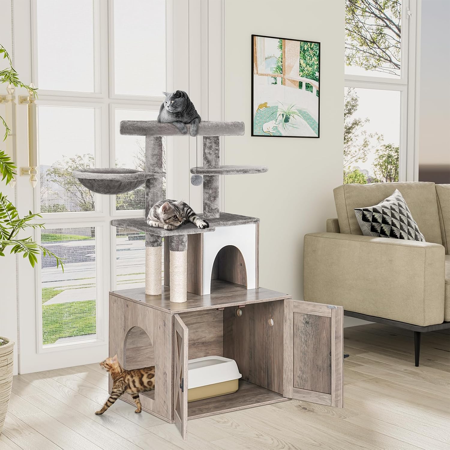 Snughome Caja de arena para gatos con torre de árbol para gatos y condominio, muebles ocultos para baño para gatos con poste rascador de sisal y