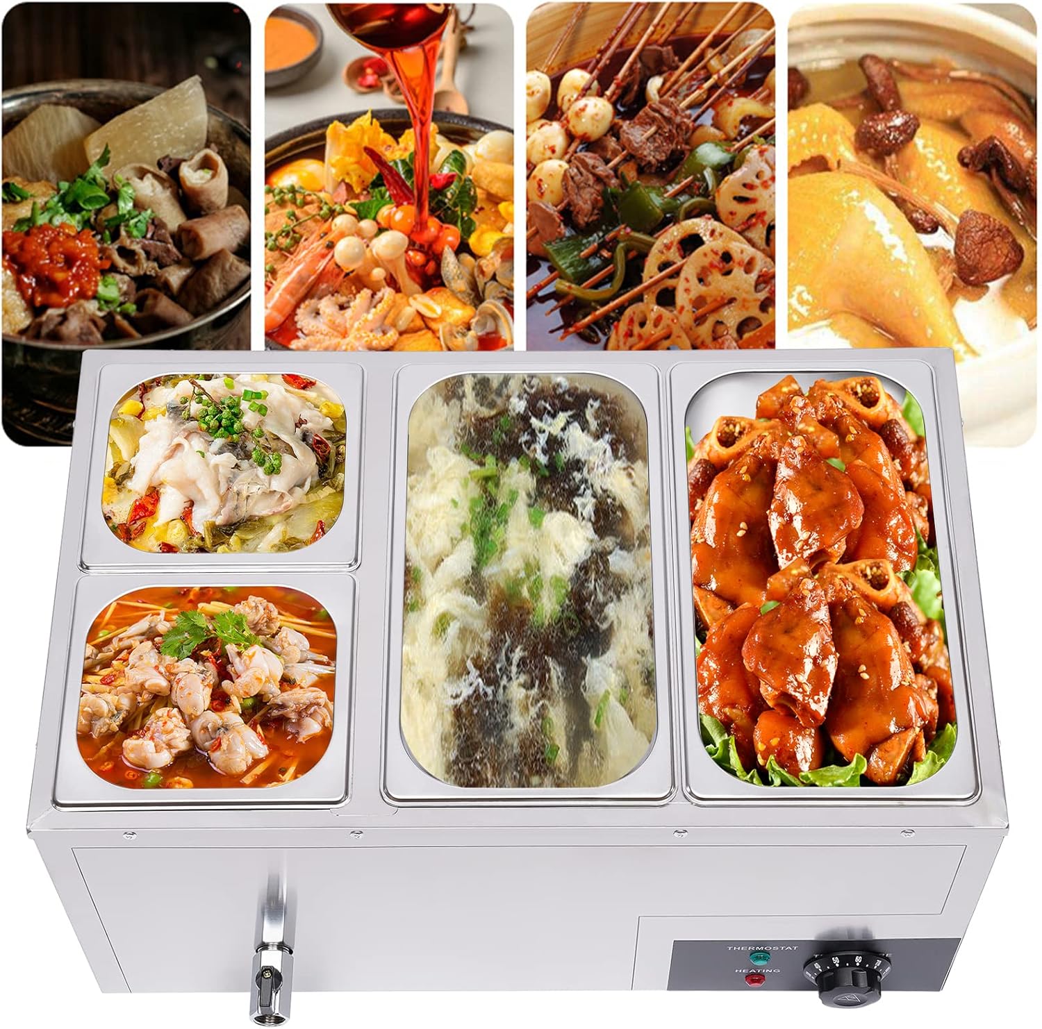 Calentador de sopa de alimentos de 110 V, 4 sartenes, mesa de acero inoxidable de grado alimenticio, encimera comercial, cafetería de buffet,