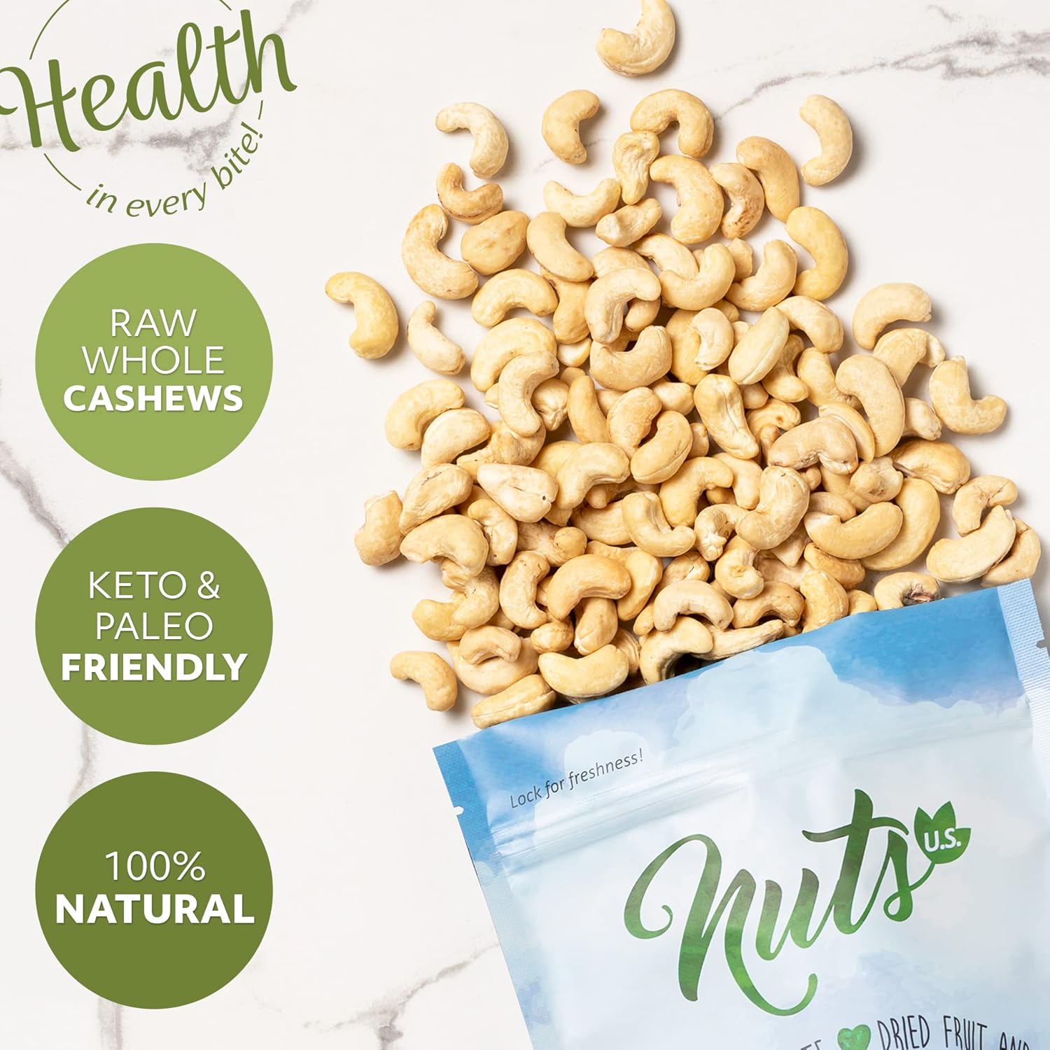 NUTS U.S. – Anacardos  Crudos y sin sal  Granos enteros y sin cáscara  Frescos y sin tostar  Anacardos naturales a granel (1 libra)