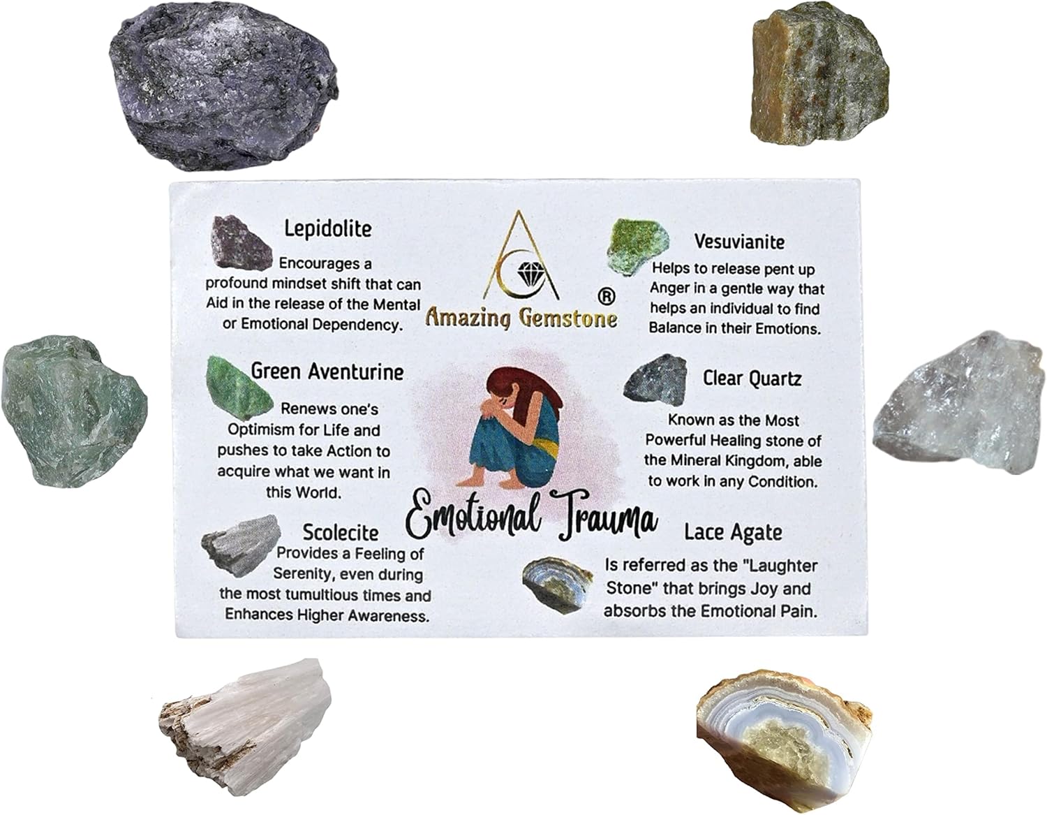 Cristales para manifestación de trauma emocional, juego de 6 cristales curativos de lepidolita, aventurina verde, escolecita, vesuvianita, ágata de