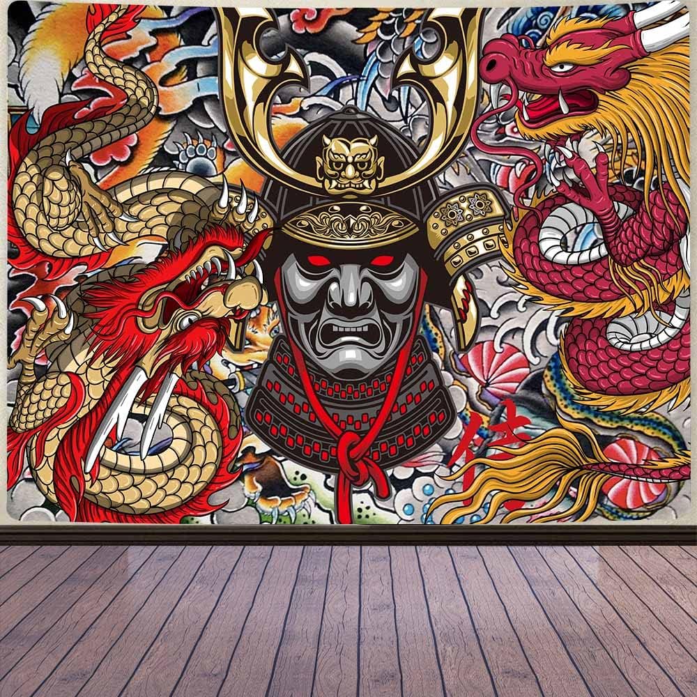 Aidatain Tapiz samurái japonés de anime Oni para colgar en la pared, diseño estético de dragón japonés de franela grande de 80 pulgadas y 60