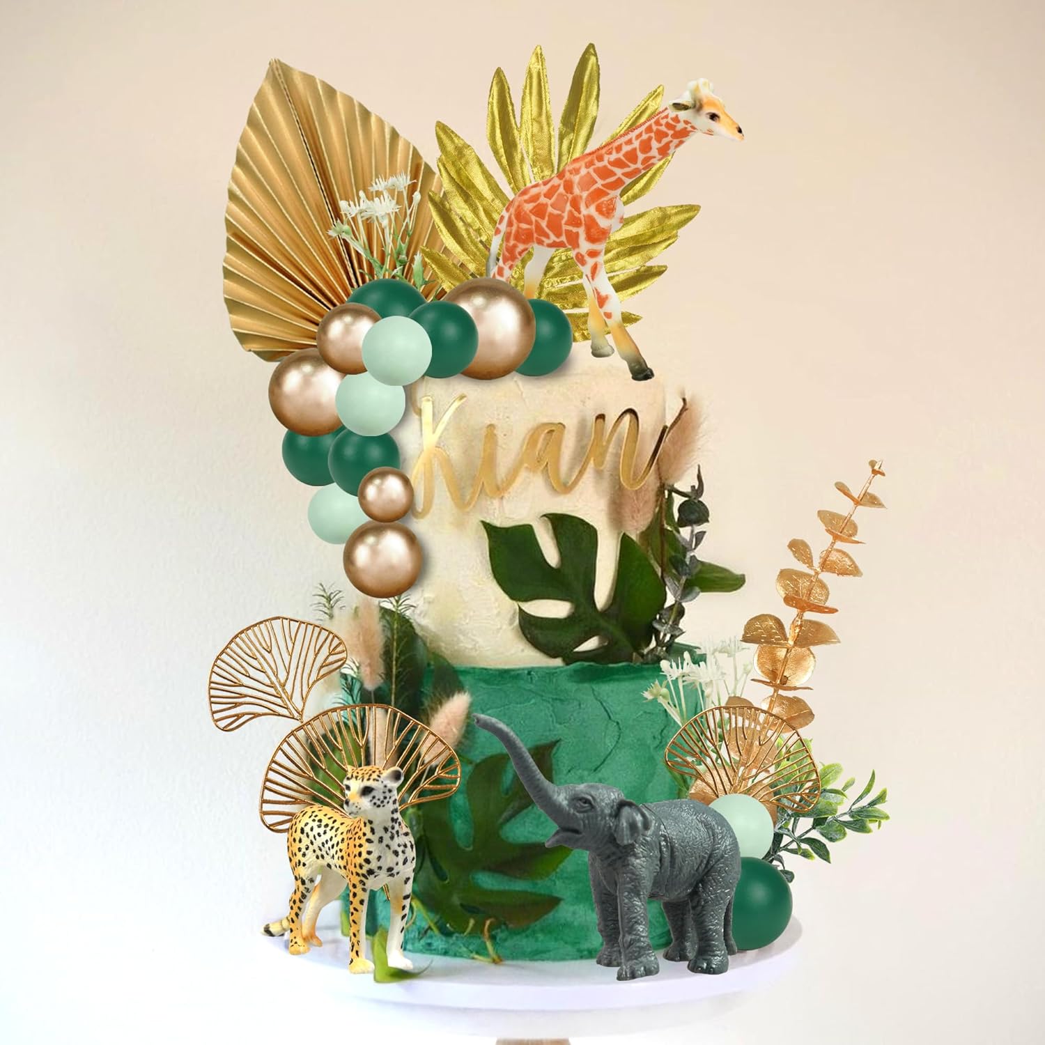 26 piezas de animales de la selva para tartas de animales de safari, figuras de animales dorados, palmas doradas, decoración de pasteles de animales