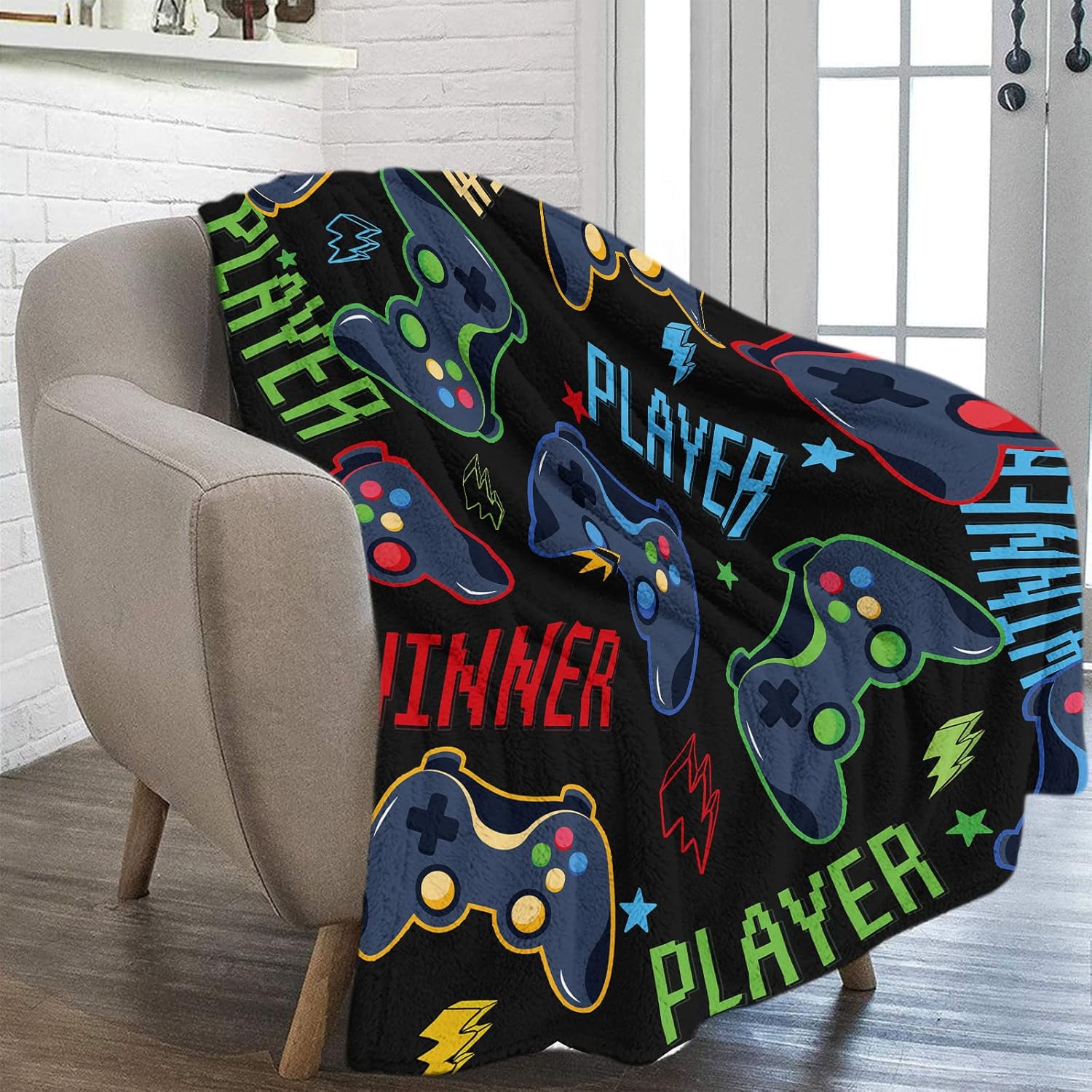 Manta de juegos para hombres, 60 x 80 pulgadas, acogedora manta mullida de videojuegos para niños, manta de franela negra suave con estrella para